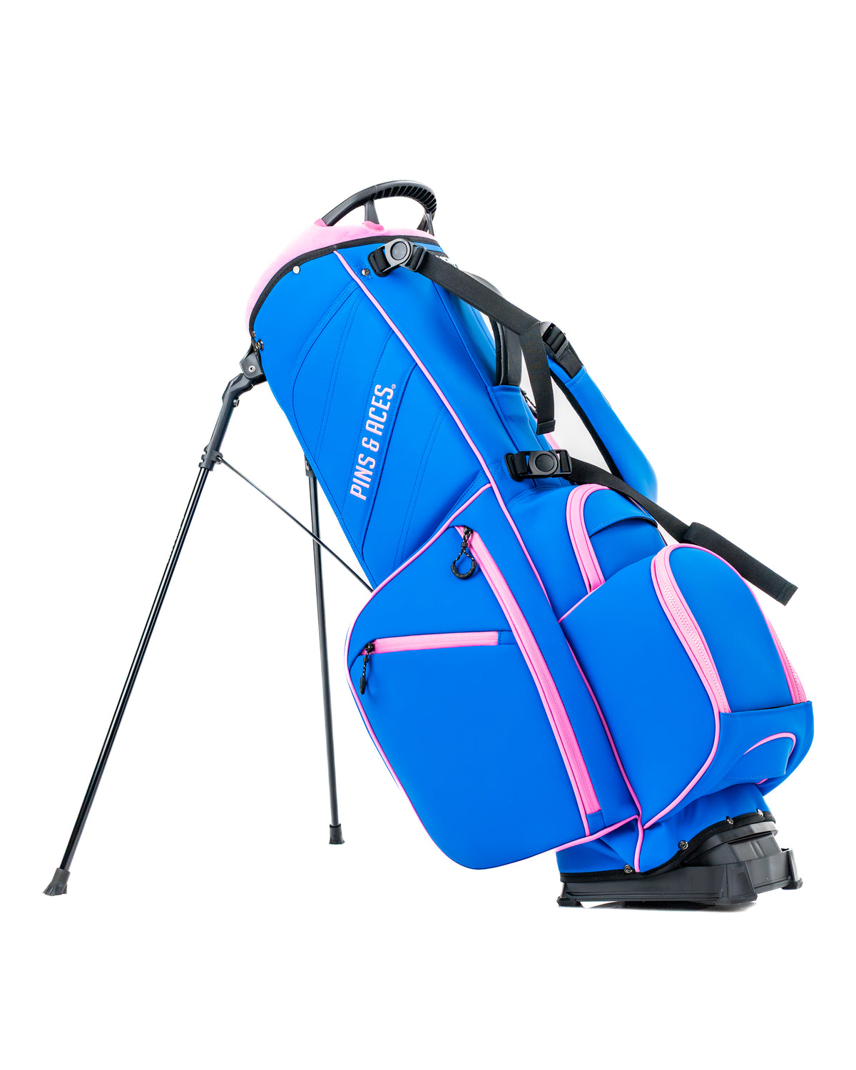Bold blue raspberry golf bag with pink accents, featuring a stand, multiple pockets, and ergonomic straps for easy carrying.