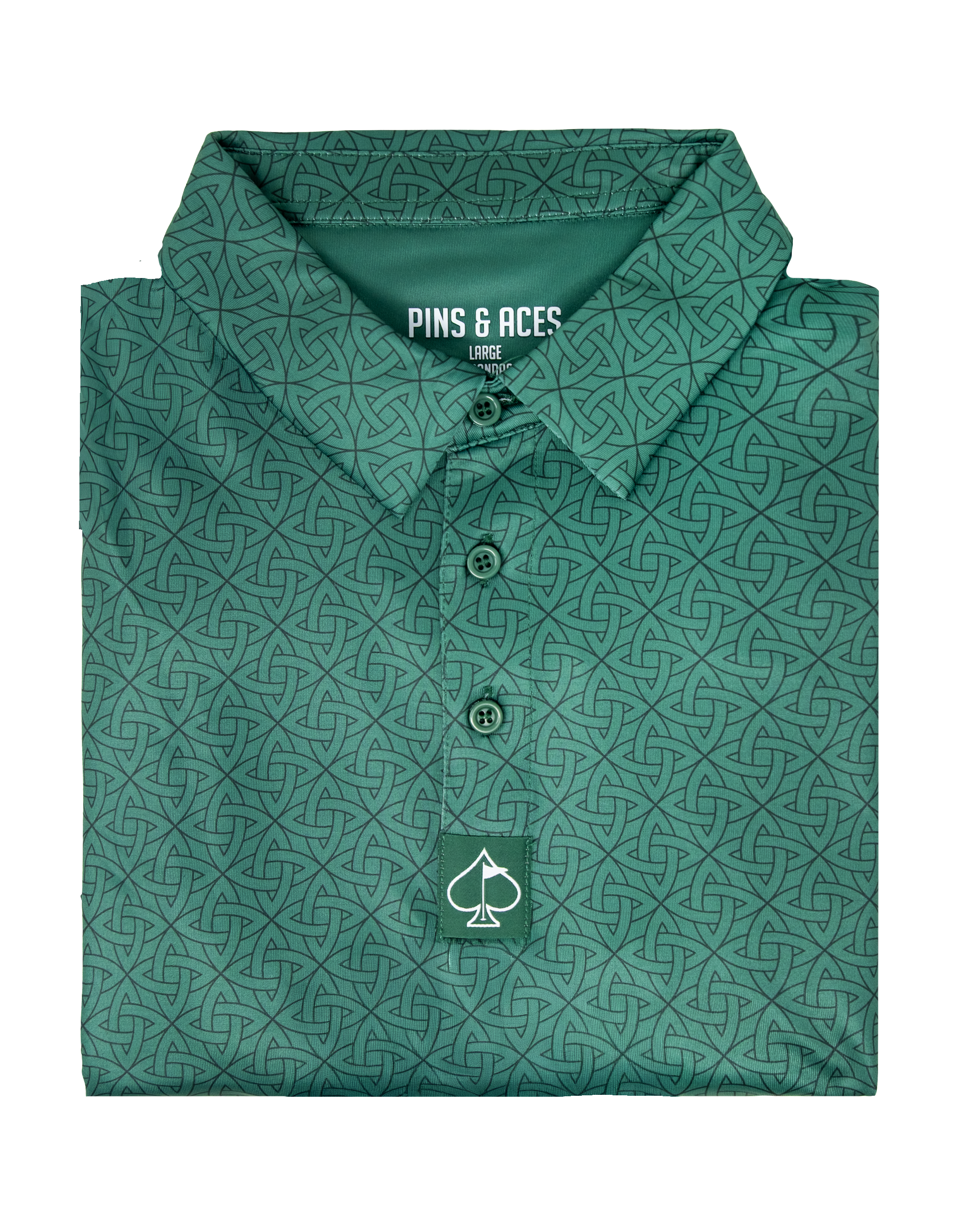 Emerald green polo shirt featuring a subtle interwoven pattern and a spade logo on the front pocket.