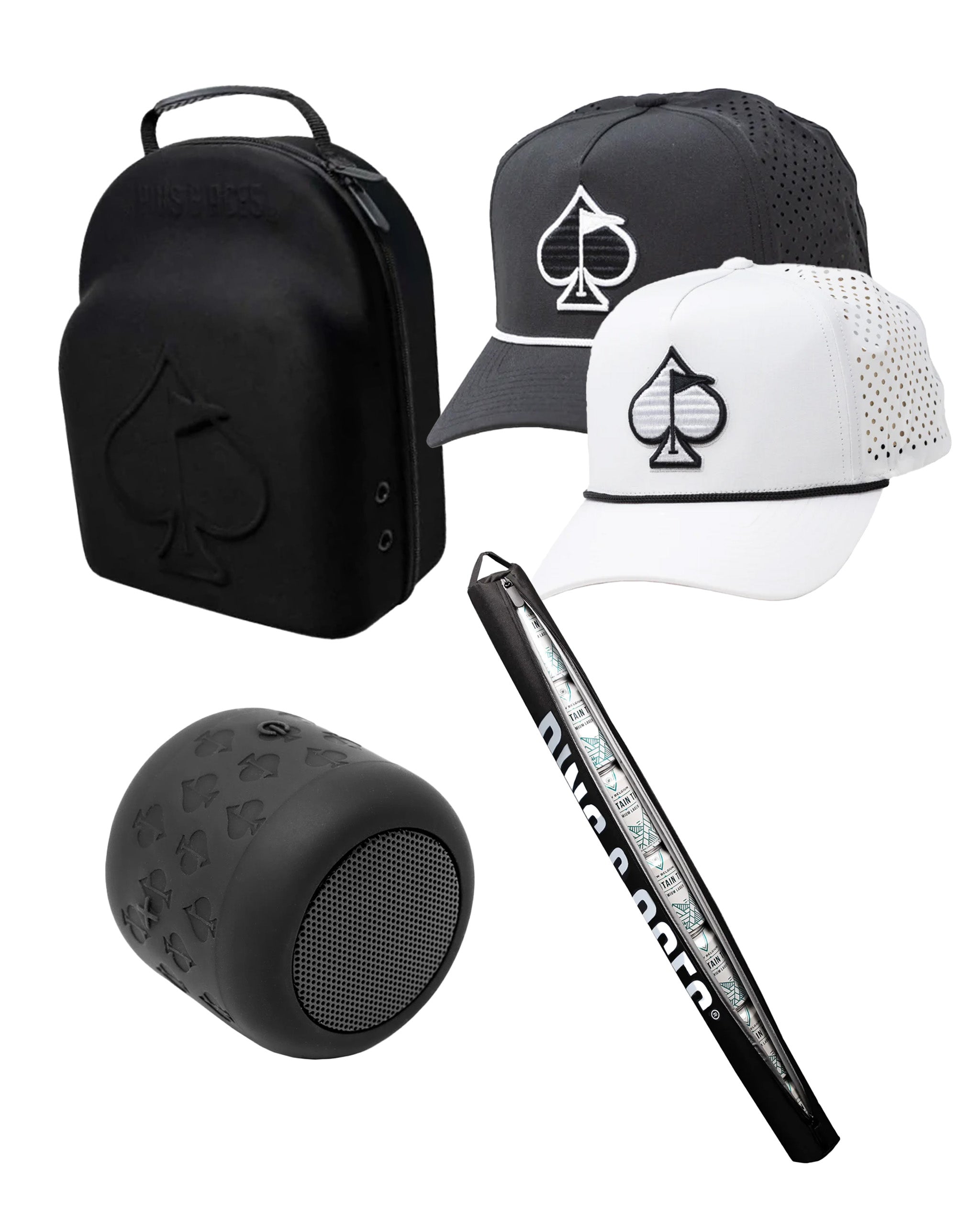 Hat Hoarder Bundle Gift Pack featuring two stylish caps, a sleek speaker, and a golf accessory pouch for avid golfers.