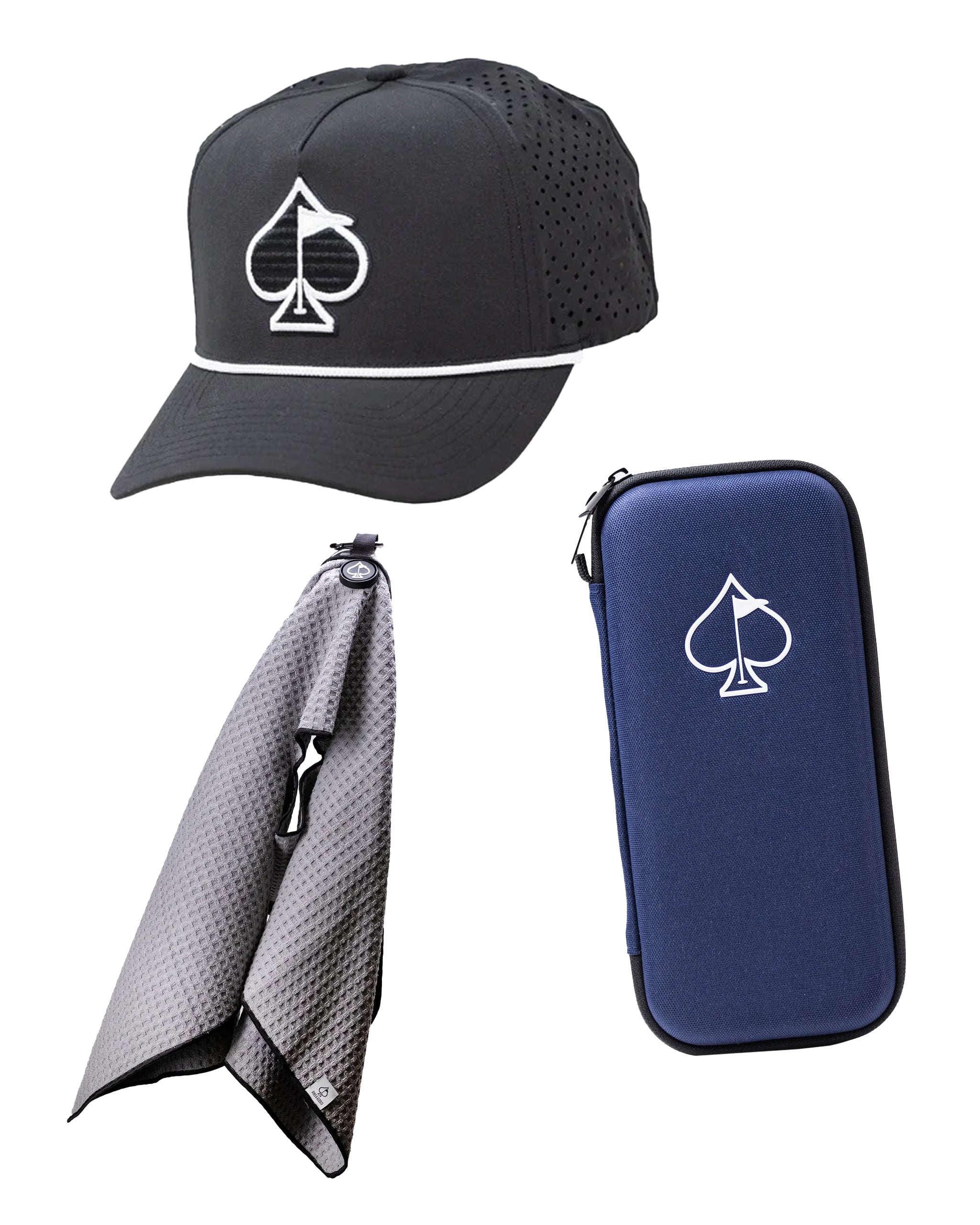 Black golfer essentials gift pack featuring a cap, towel, and accessory case, all with a stylish logo.