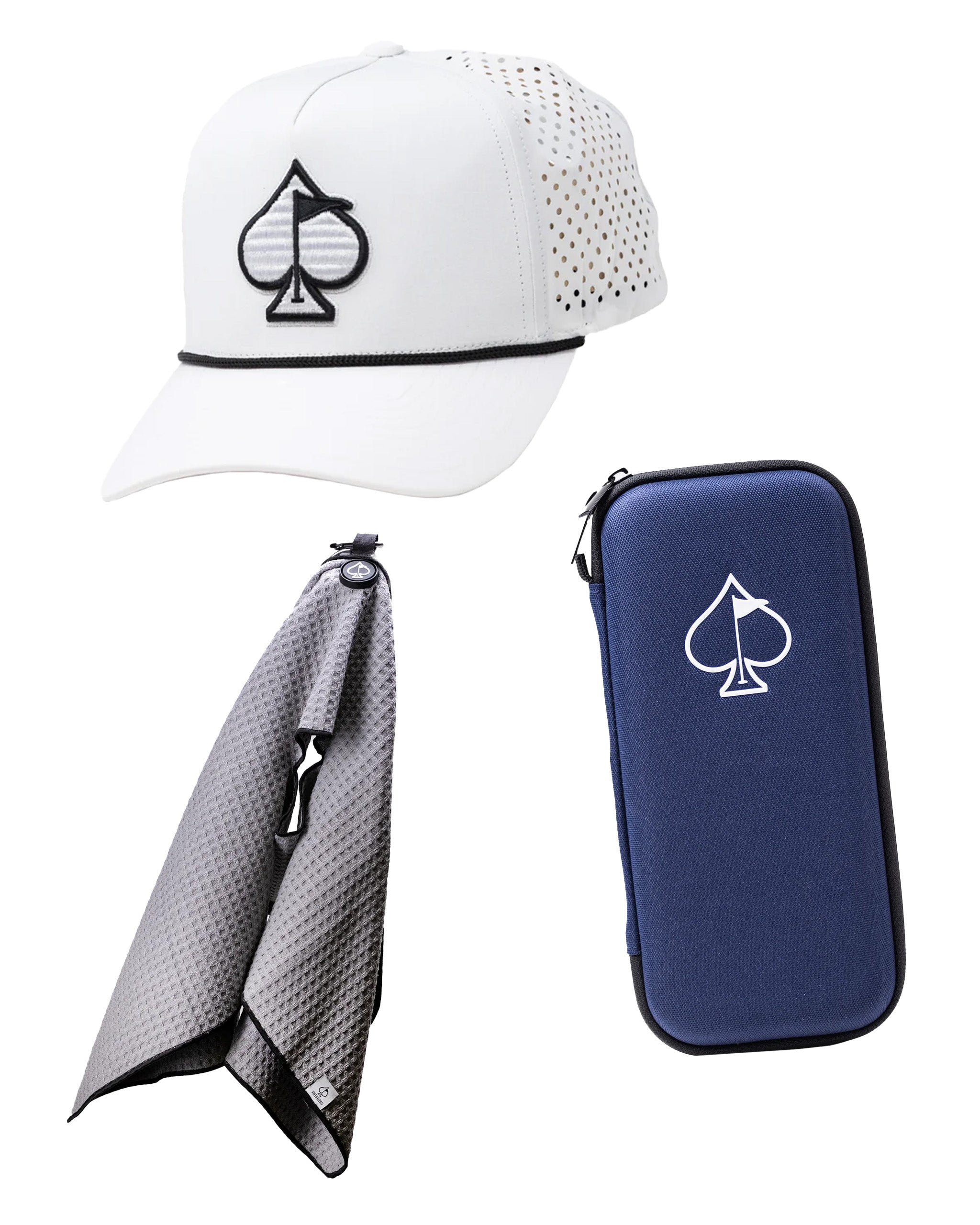 White golfer essentials gift pack featuring a cap, golf towel, and accessory case, all designed for stylish performance on the course.