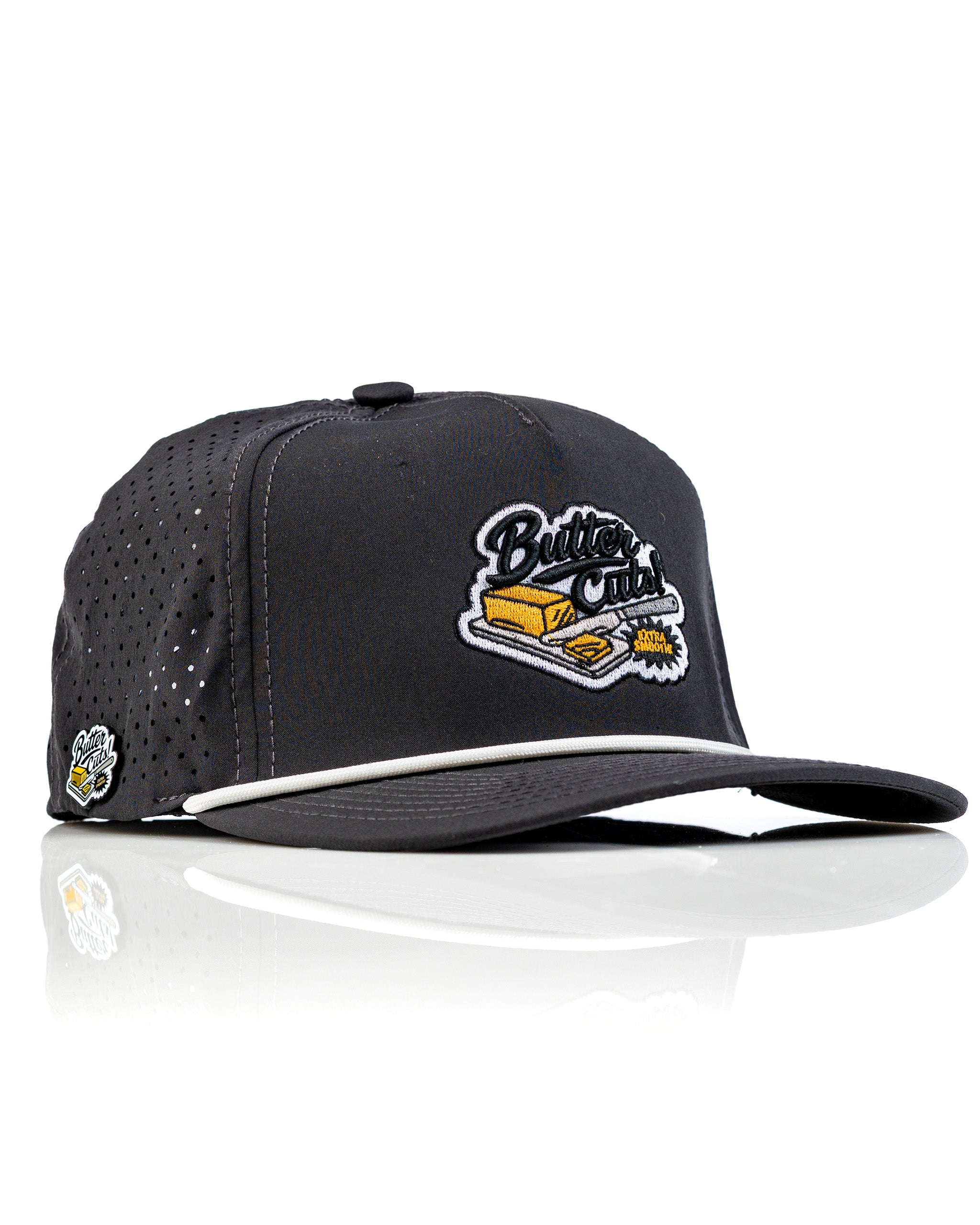 Perforated Rope Hat in black featuring a Butter Cut logo and a stylish design for golfers seeking bold accessories.