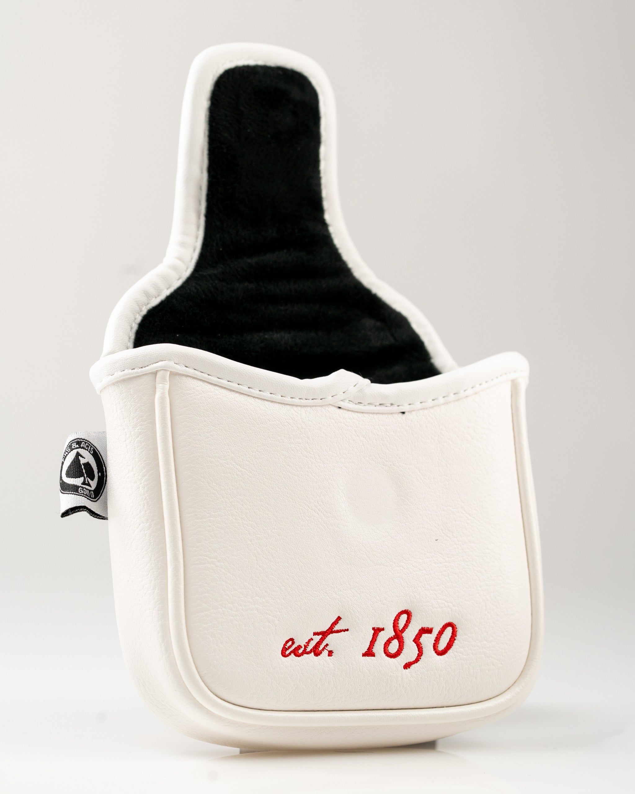 California State Flag mallet putter cover in white leather with red "est. 1850" embroidery, designed for stylish golf protection.