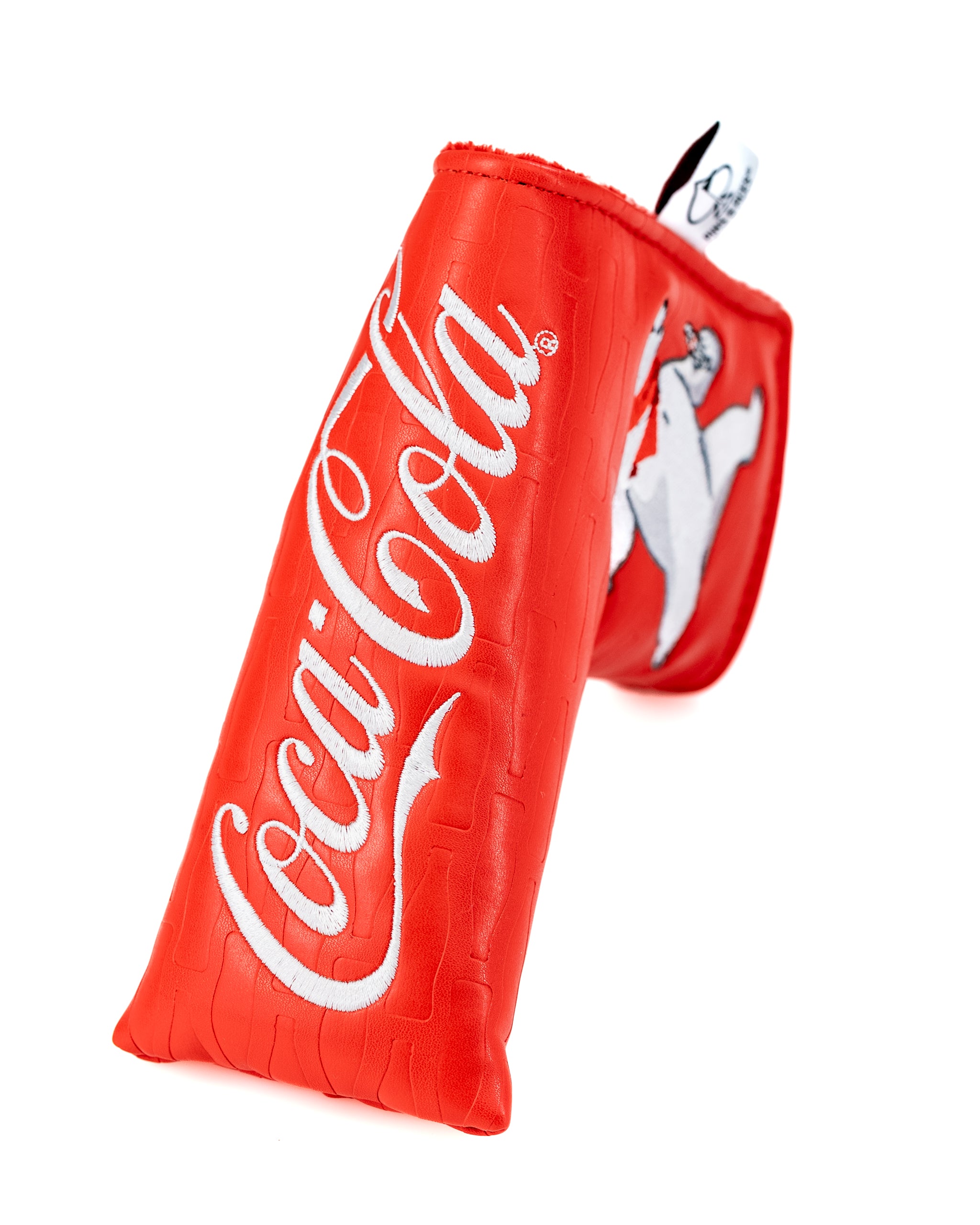 Coca-Cola Blade Putter Cover featuring a vibrant red design and playful graphics, perfect for stylish golfers.