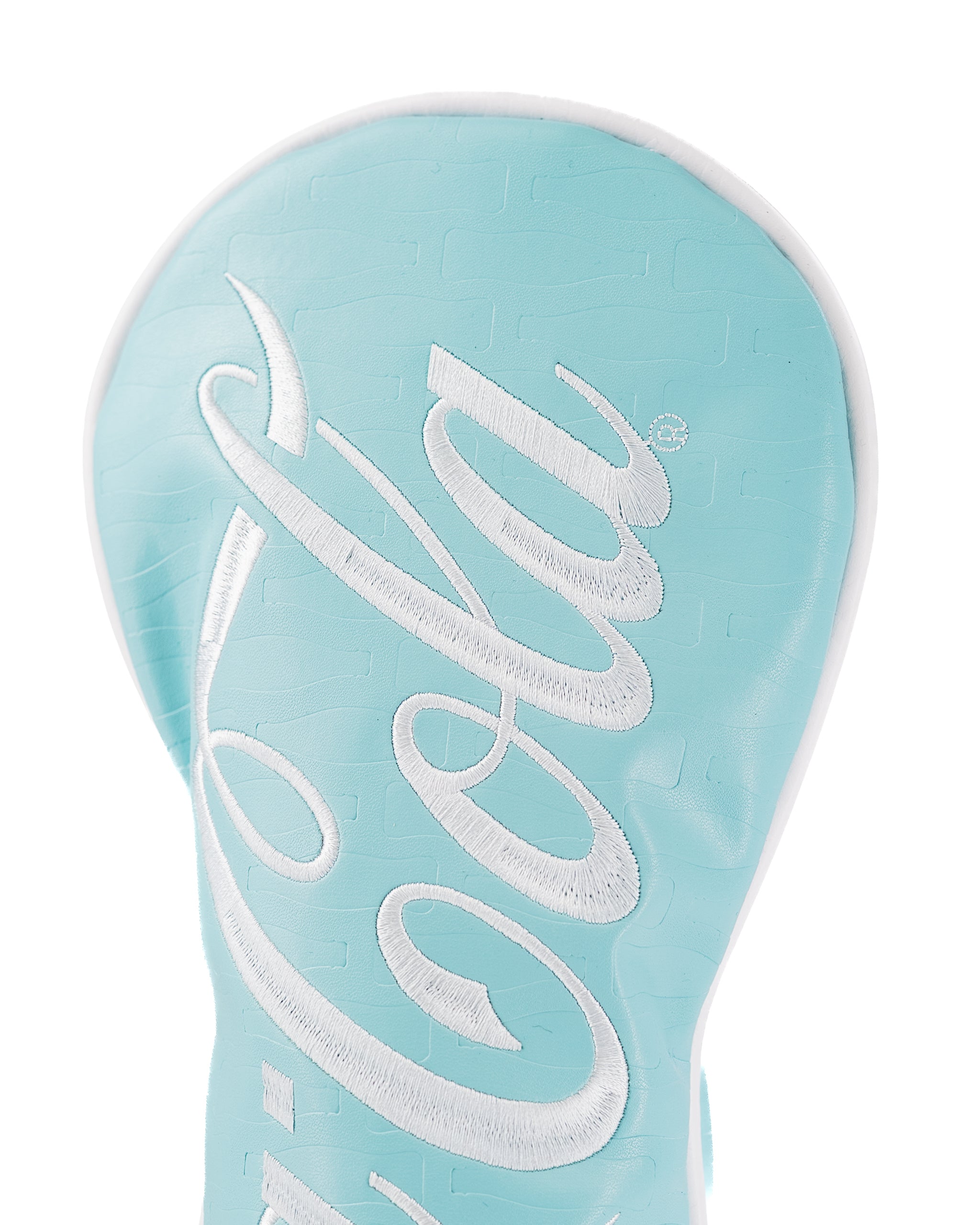 Coca-Cola fairway cover featuring a light blue design with bold white embroidered logo, perfect for stylish golfers.