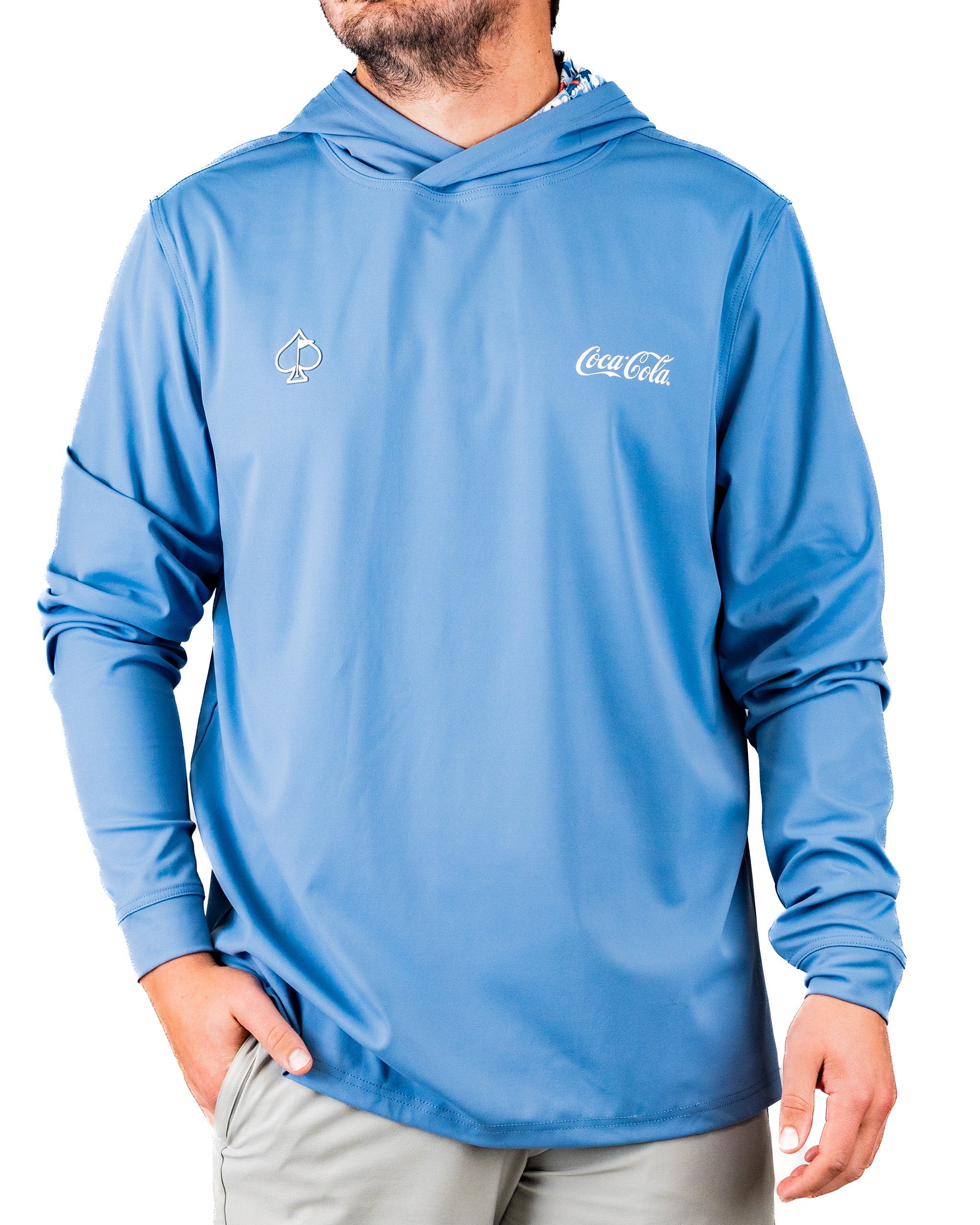 Men's performance golf hoodie in Coca-Cola Glacier Blue, featuring a stylish design and comfortable fit for on-course wear.