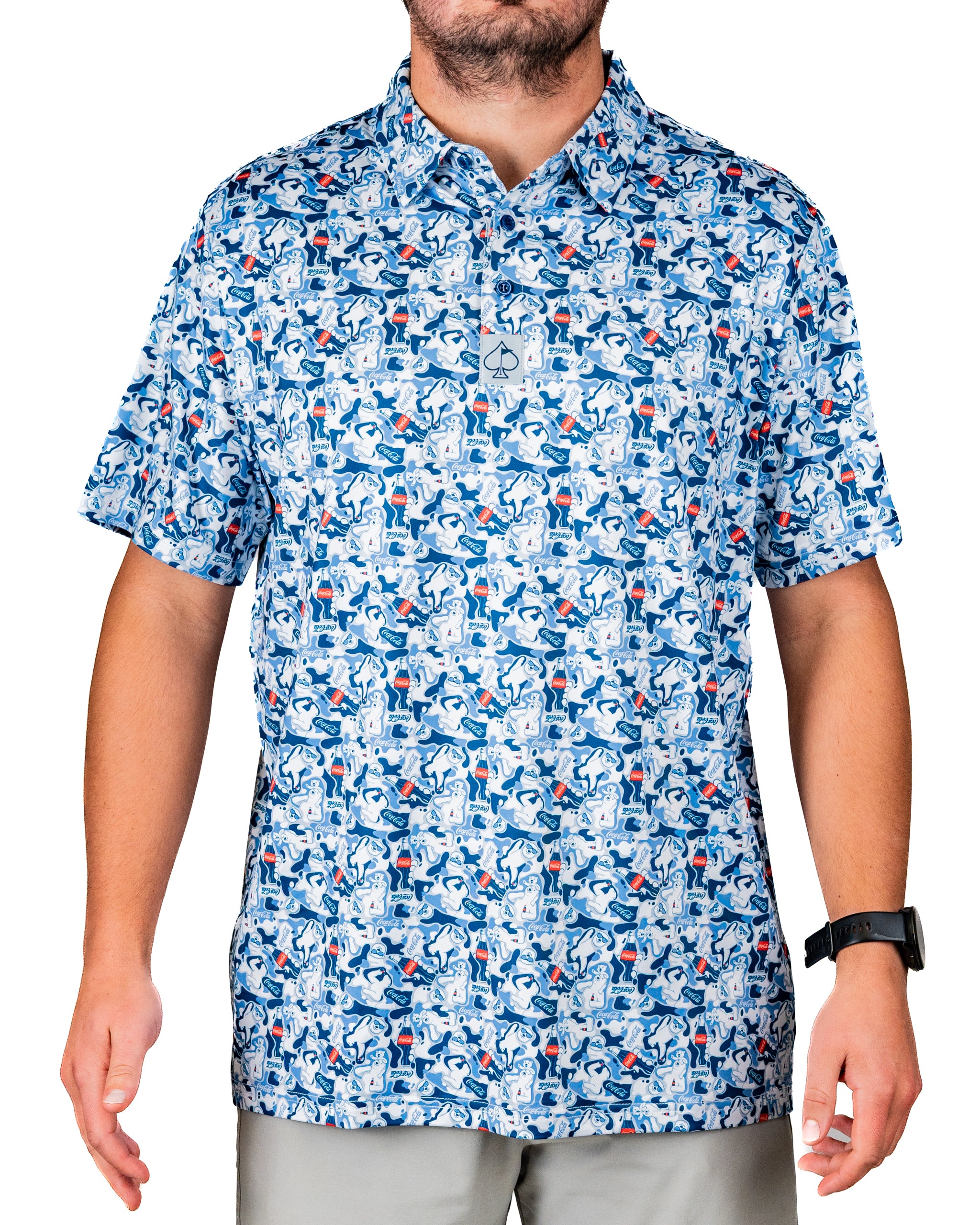 Men's short-sleeve golf shirt featuring a vibrant Coca-Cola-themed pattern in blue and white, perfect for stylish play on the course.