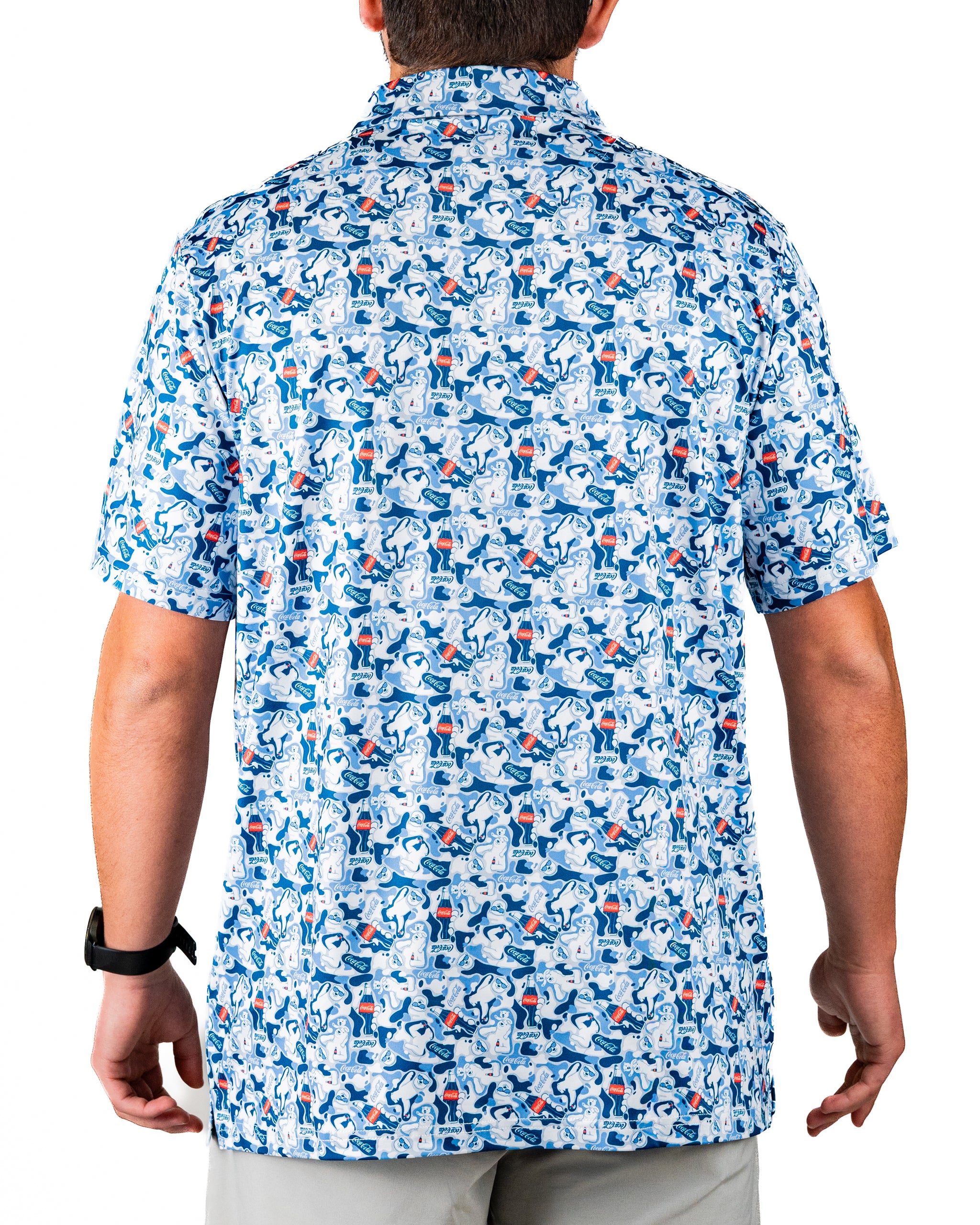 Men's short-sleeve shirt featuring a vibrant Coca-Cola pattern in blue and white, perfect for casual outings.