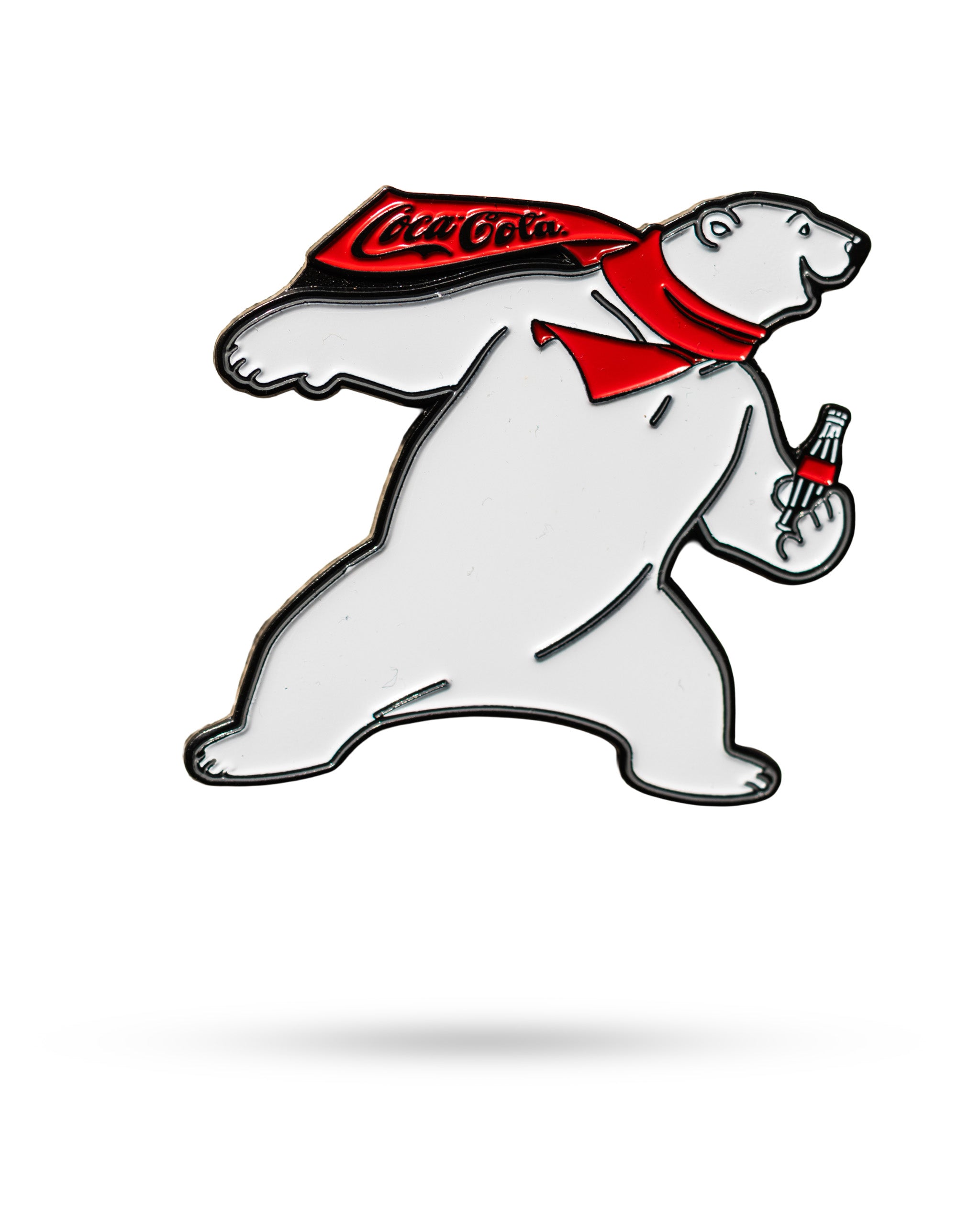 Coca-Cola Bear ball marker featuring a playful polar bear holding a bottle and wearing a red scarf.