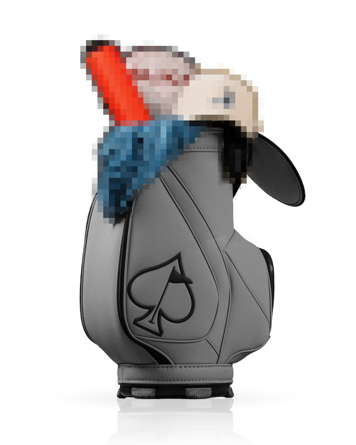 Gray golf headcover with a spade logo, filled with colorful accessories, ideal for golfers looking to stand out.