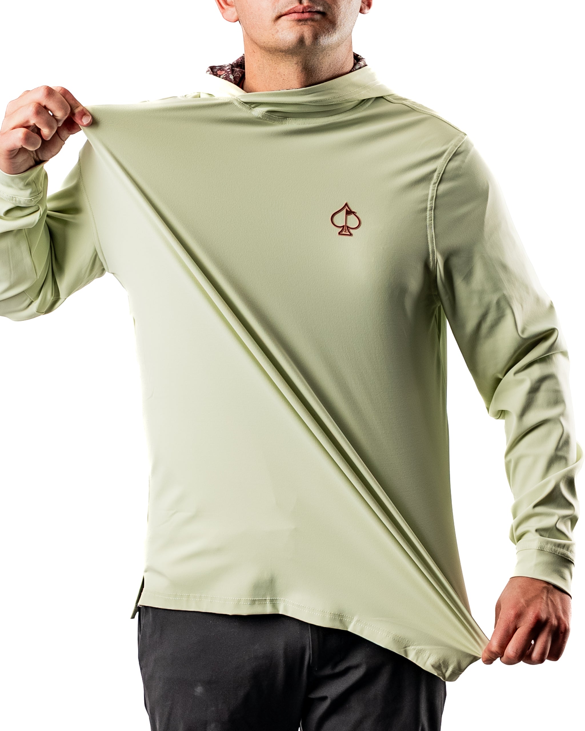 Men's performance golf hoodie in desert sage, featuring a sleek design and logo, ideal for stylish play on the course.