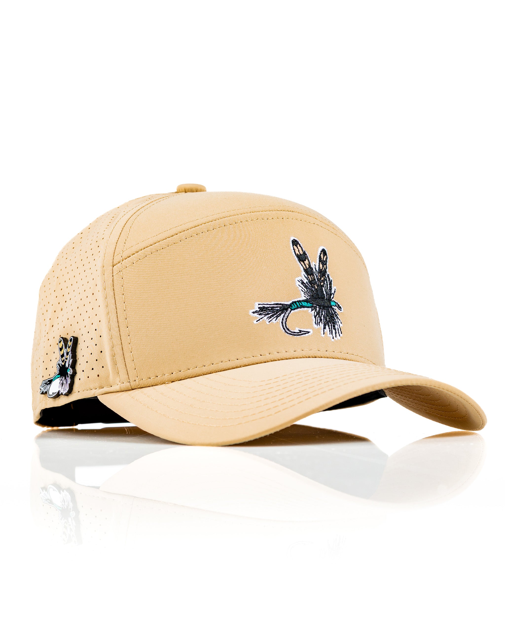 Light tan Tradesman Hat featuring a fly fishing design, breathable mesh panels, and an adjustable strap for comfort.