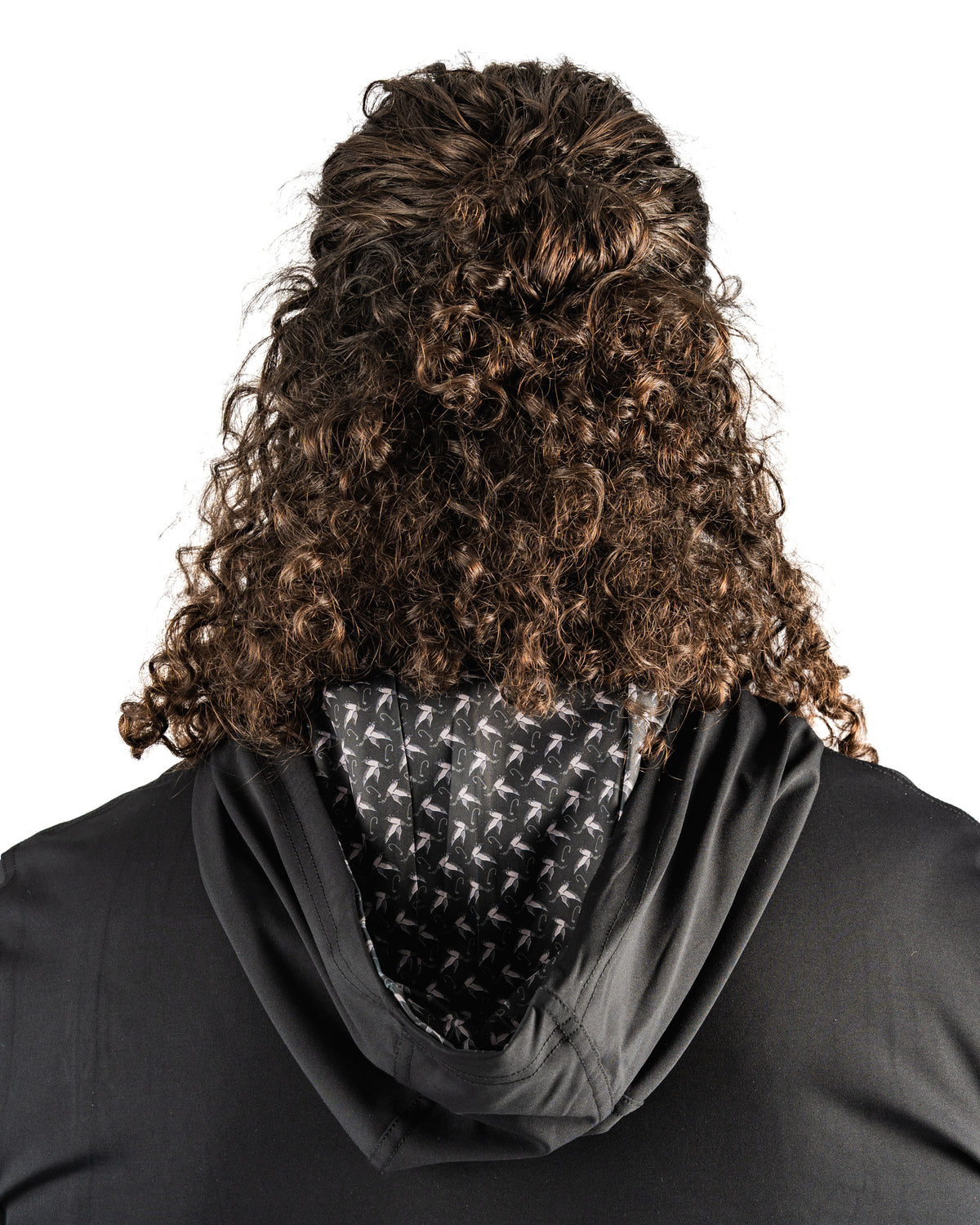 Back view of a Performance Golf Hoodie featuring a unique duck hook pattern on the interior of the hood.