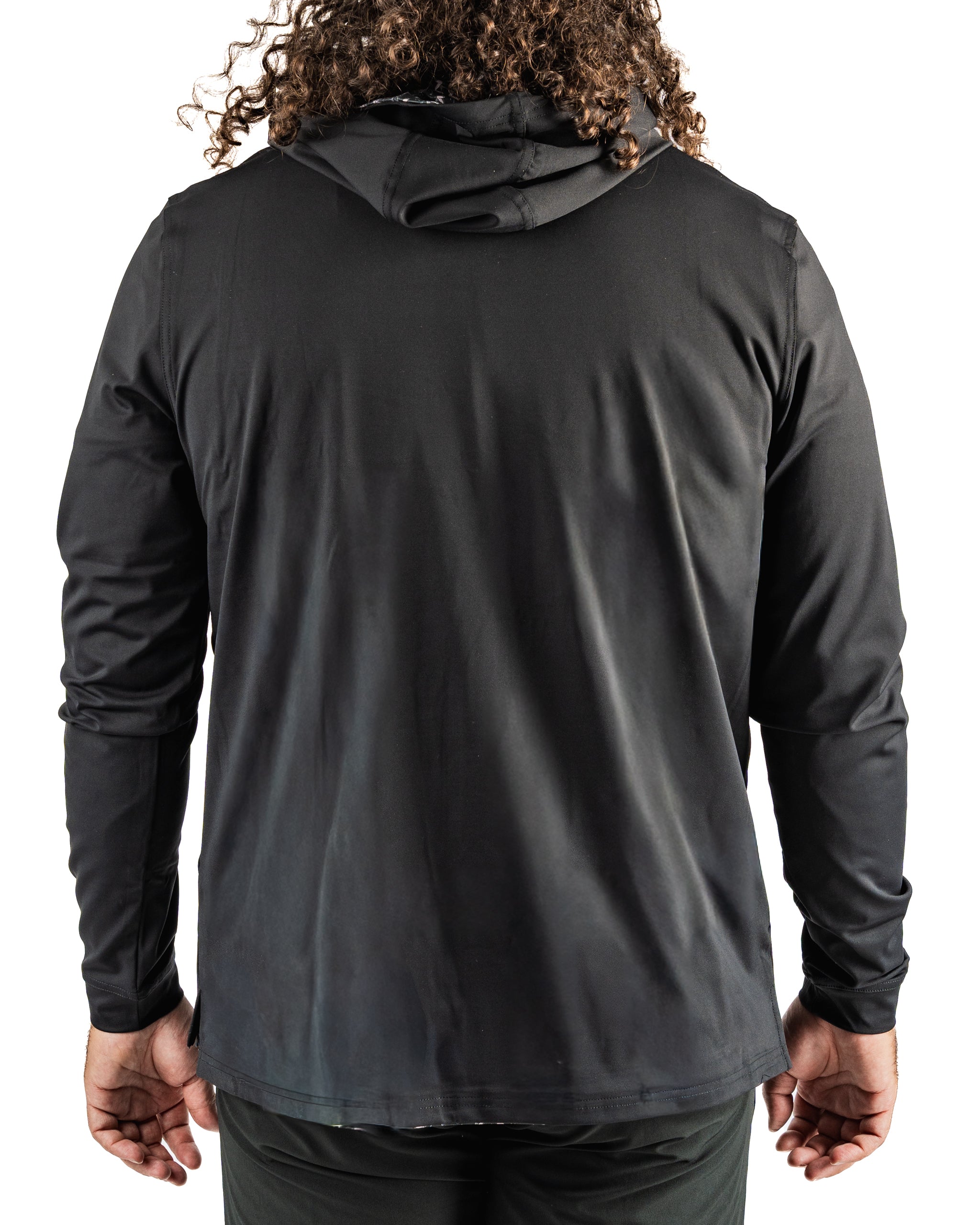 Men's performance golf hoodie in black, featuring a sleek design and comfortable fit, perfect for on-course style.