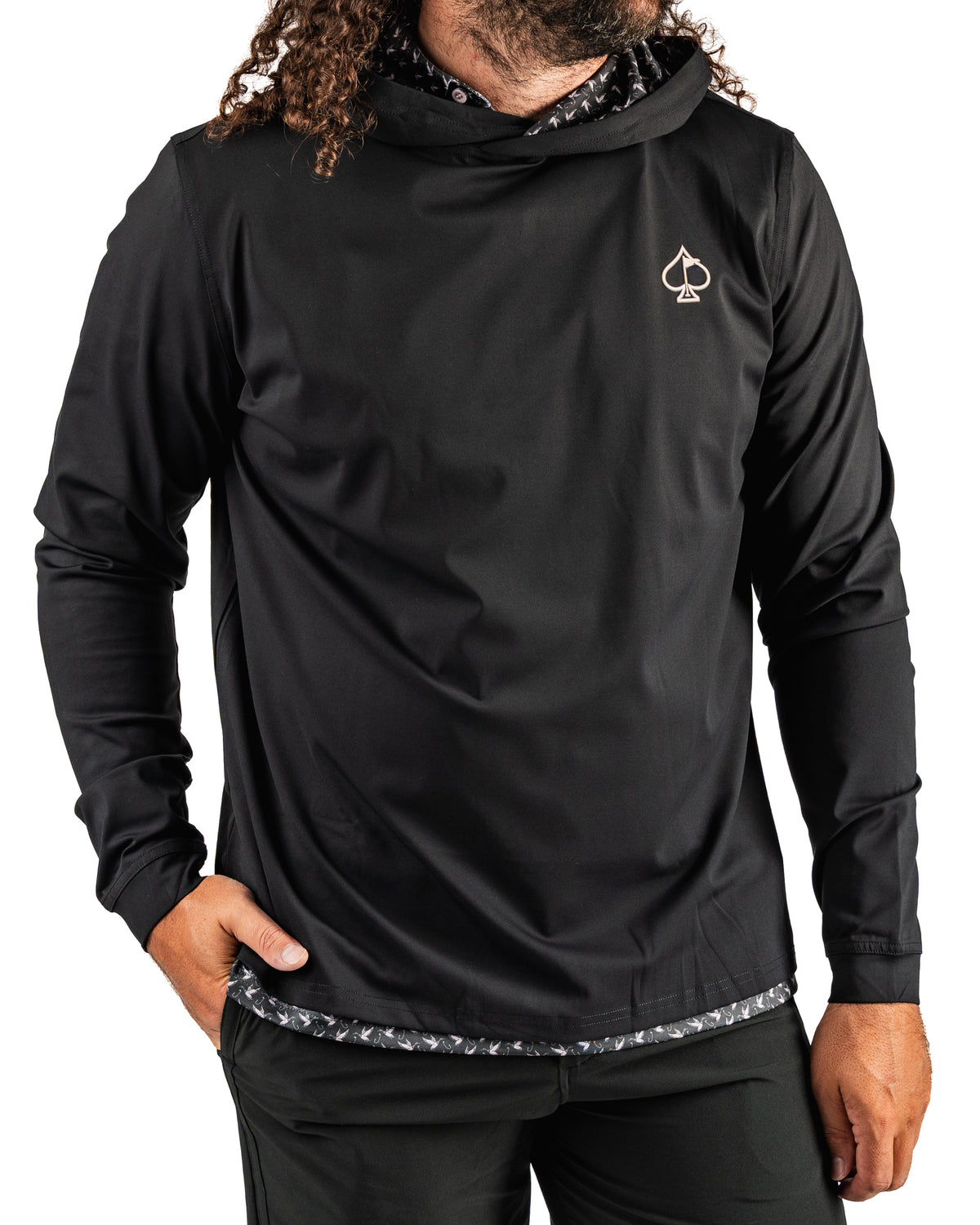 Men's black performance golf hoodie featuring a stylish duck hook design and a spade logo, perfect for on-course comfort.