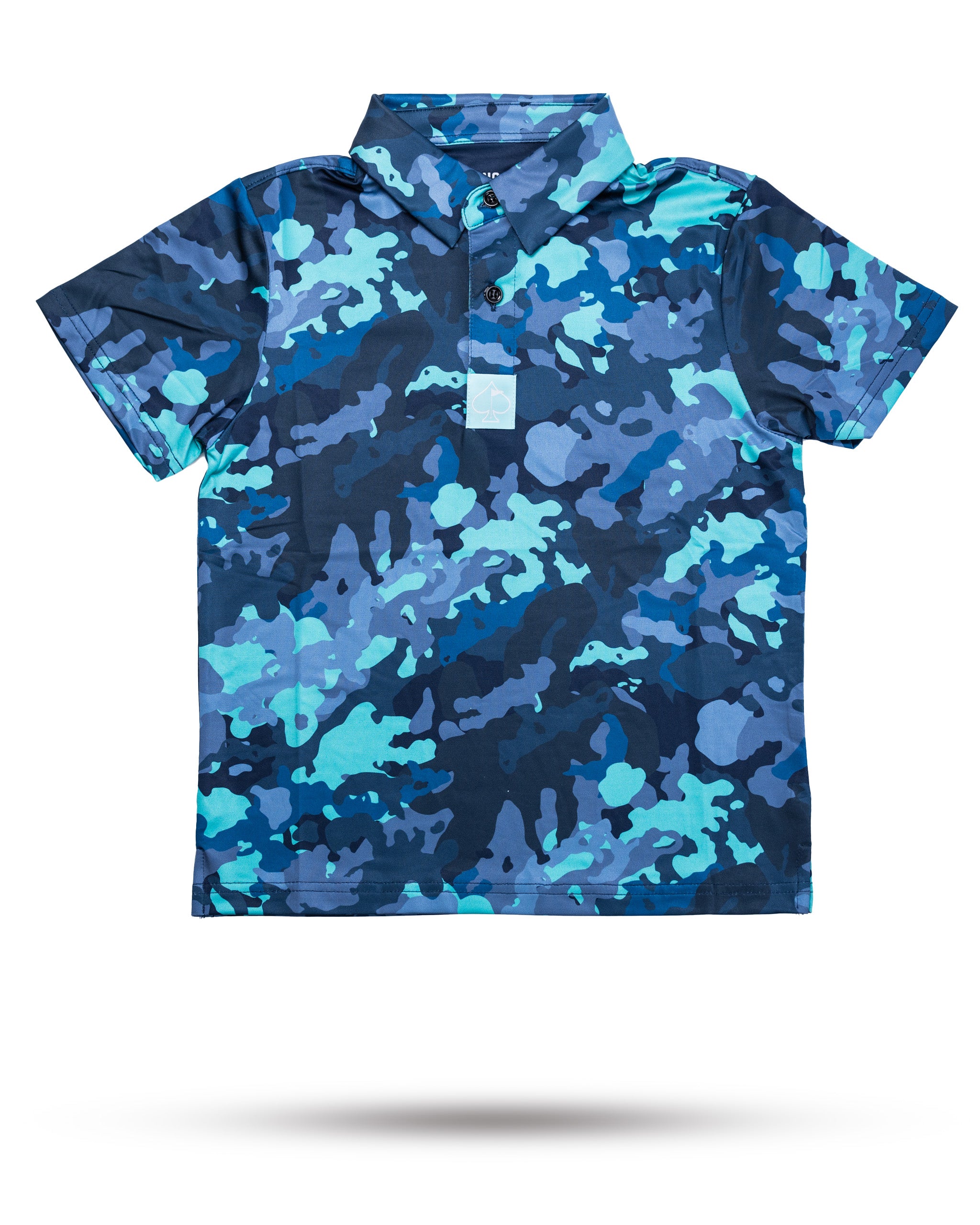 Youth electric camo polo shirt with a blue digital camouflage pattern and a collar, designed for young golfers.