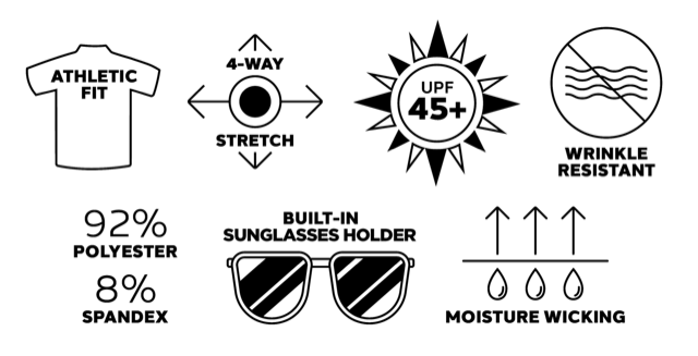 Golf shirt with athletic fit, 4-way stretch, UPF 45+ sun protection, wrinkle-resistant, moisture-wicking, built-in sunglas...