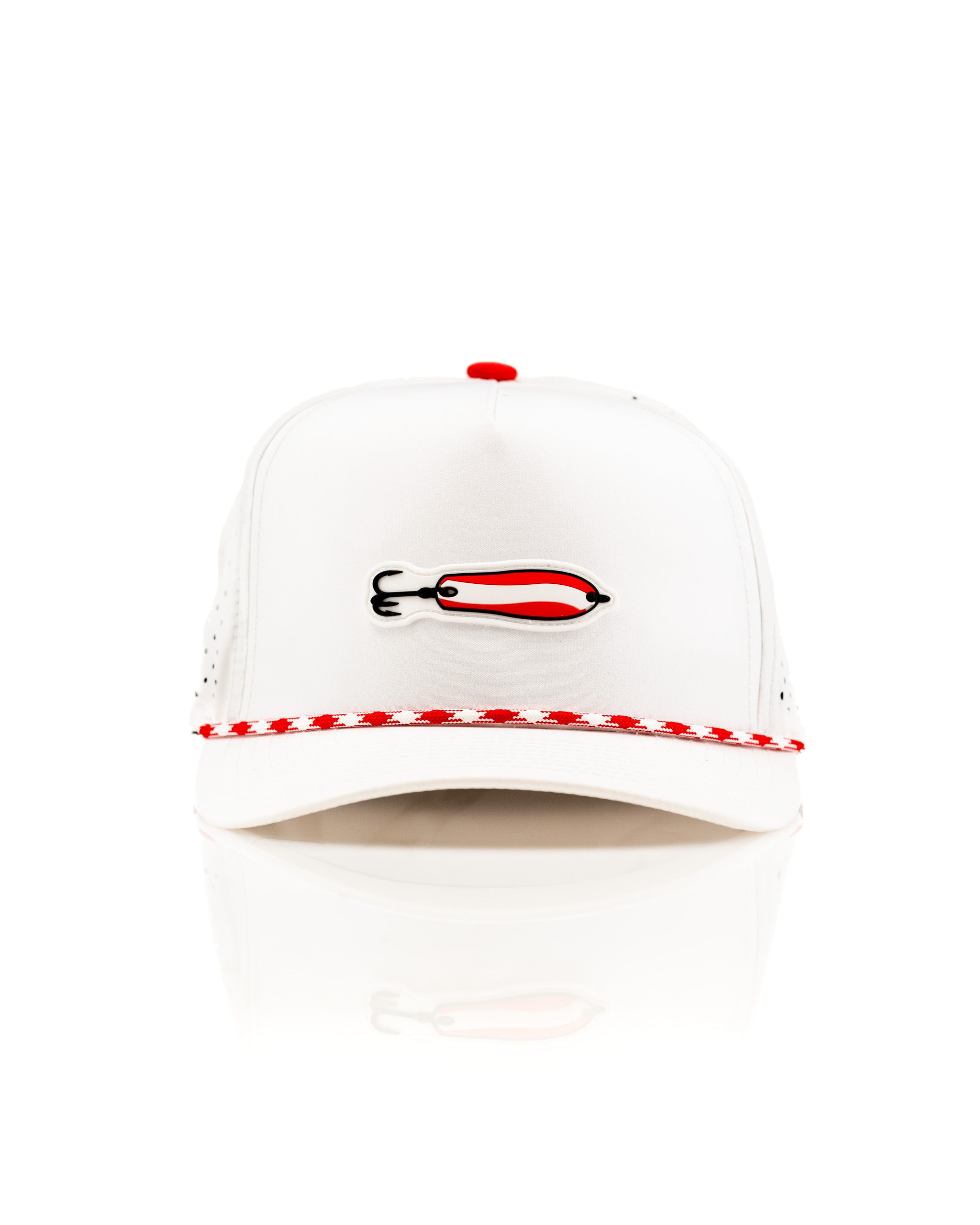 White perforated rope hat featuring a bold red and black Dare Devil Spoon design on the front. Ideal for stylish golfers.