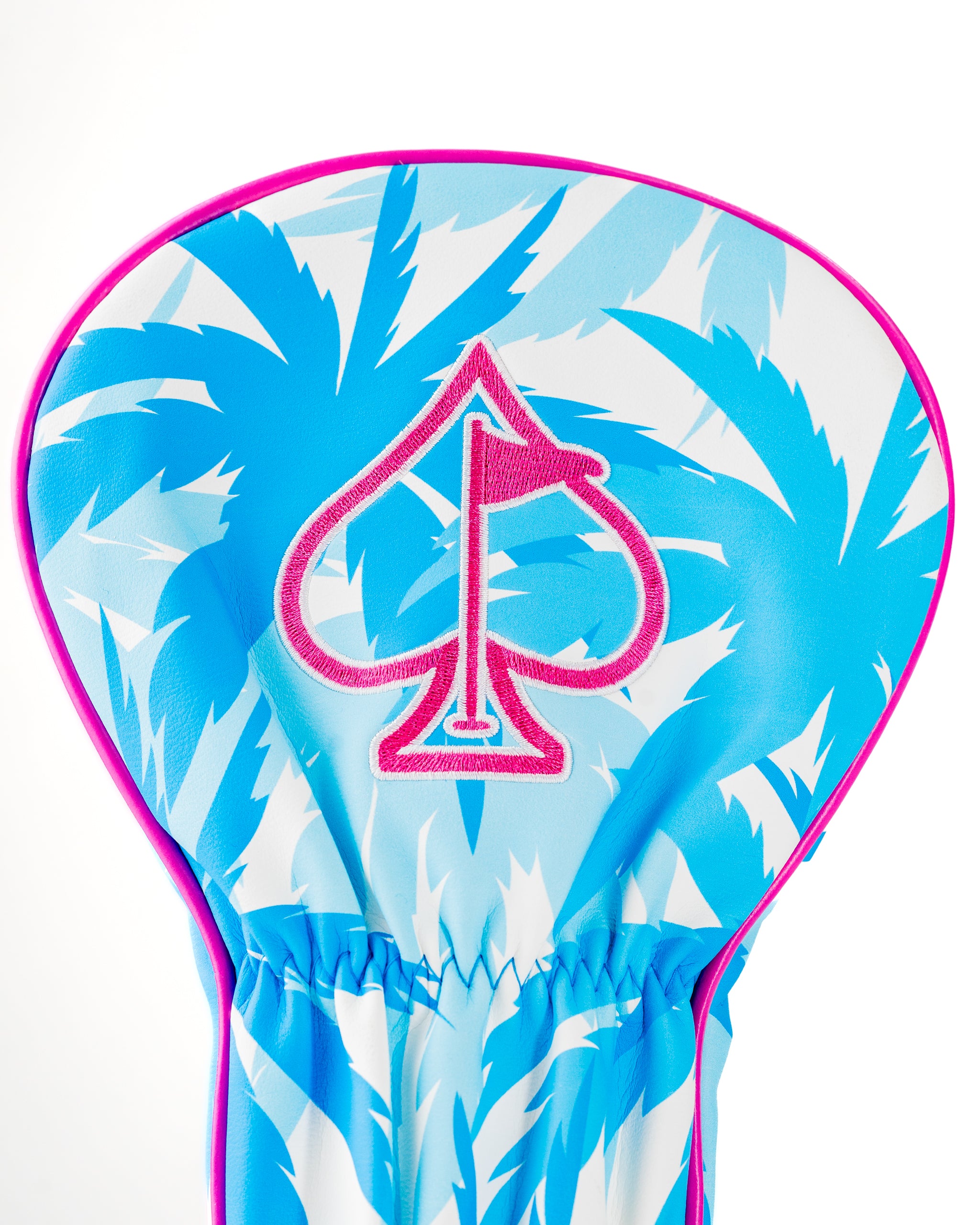 Bright blue headcover featuring a flamingo and palm leaf design, perfect for adding style to your golf bag.