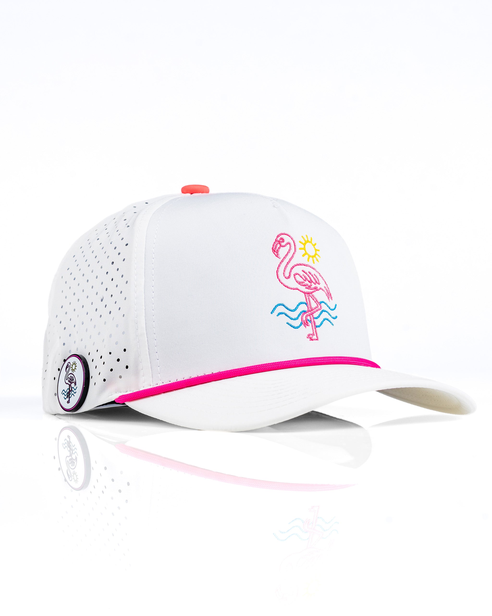 Perforated white rope hat featuring a colorful flamingo design and pink accents, perfect for stylish golfers.