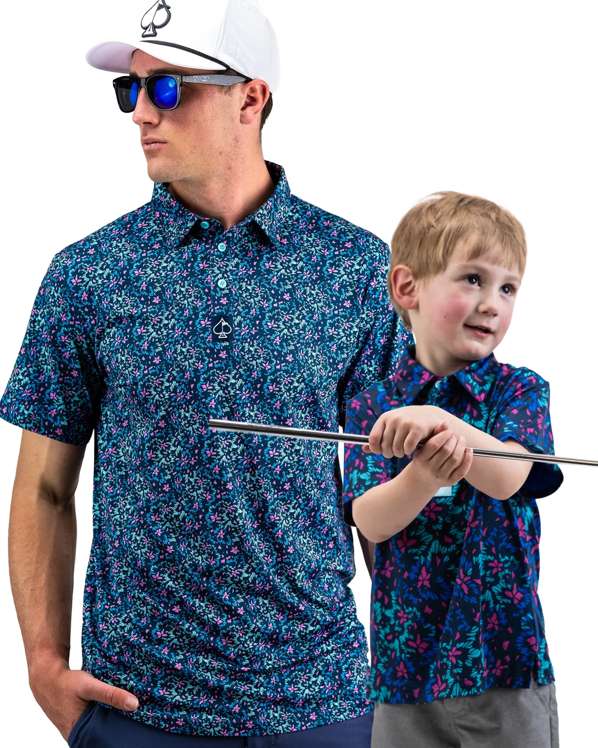 Father and son wearing matching fluorescent floral polos, showcasing vibrant colors and a stylish golf look.