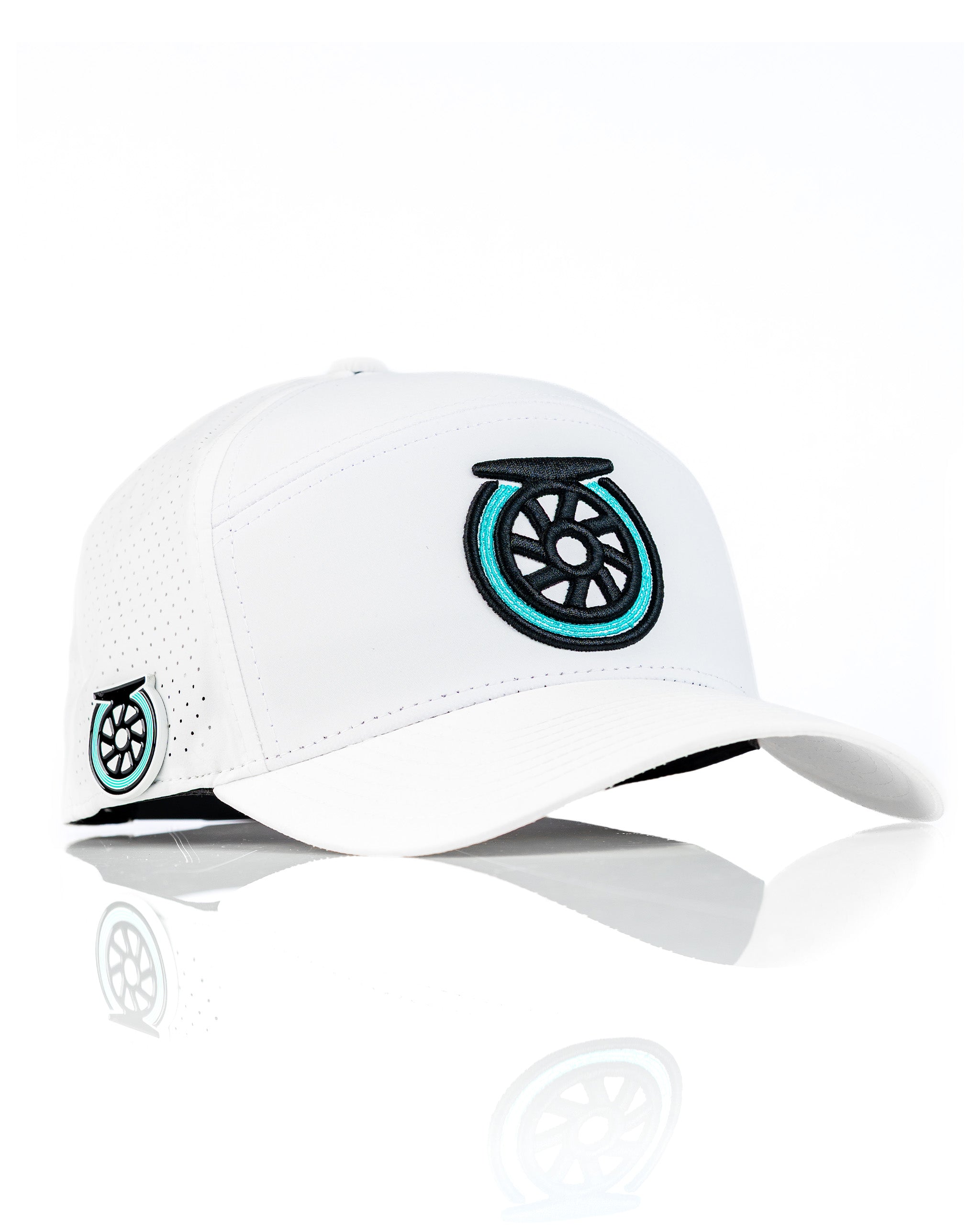 White Tradesman Hat featuring a bold reel logo, designed for golfers seeking stylish and functional headwear.