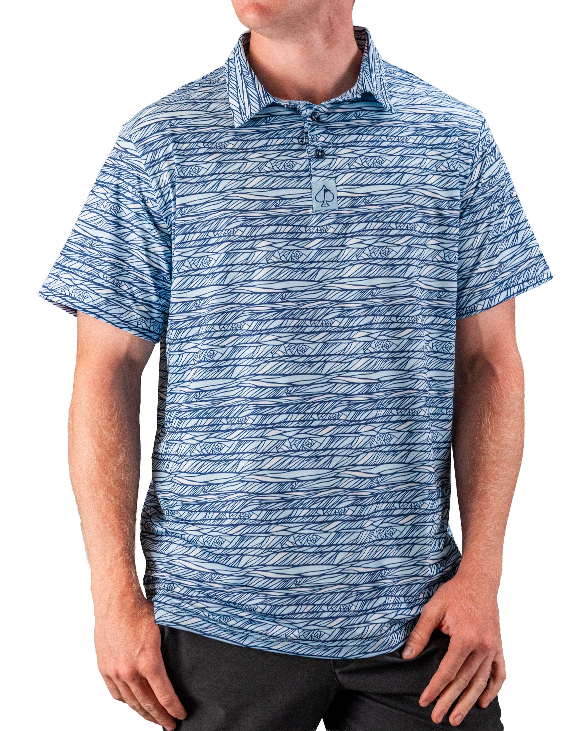 Men's blue and white patterned golf polo shirt with a logo tag, featuring bold, unique design for standout style on the co...