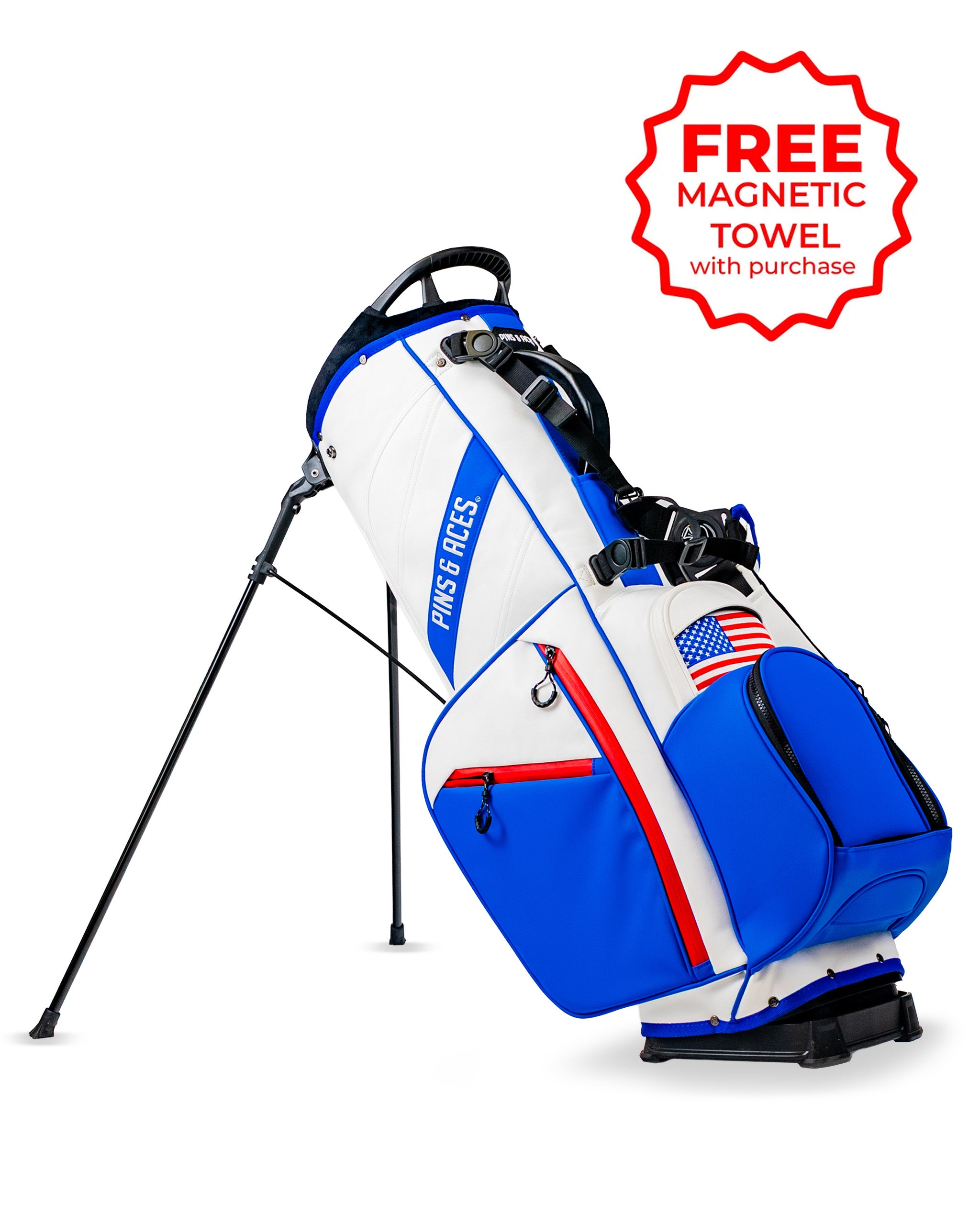 Player Preferred Golf Bag in blue and white with American flag design, featuring a magnetic towel offer.