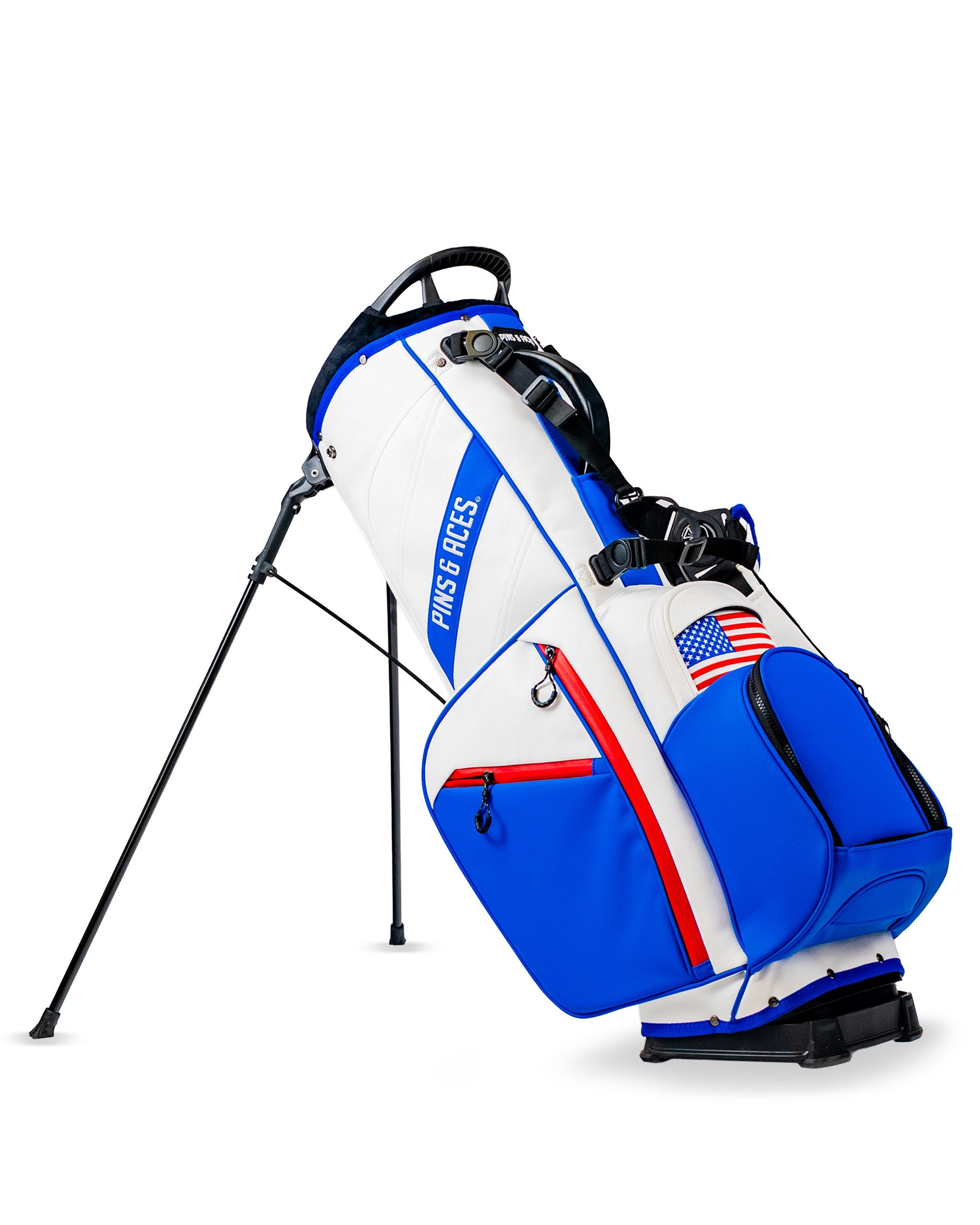 Player Preferred Golf Bag in blue and white with American flag, featuring a stand and multiple pockets for golf accessories.