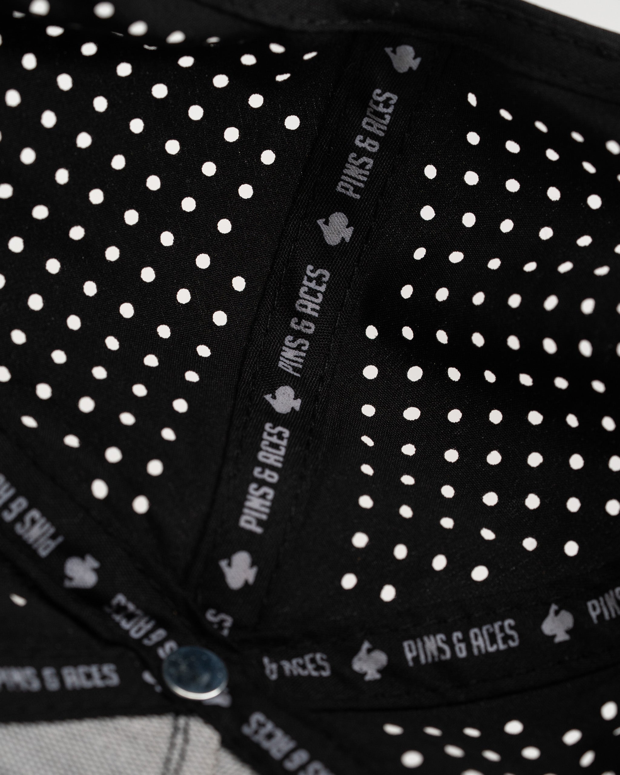 Interior view of the Thor's Hammer Black perforated rope hat featuring a polka dot lining and branded tape.