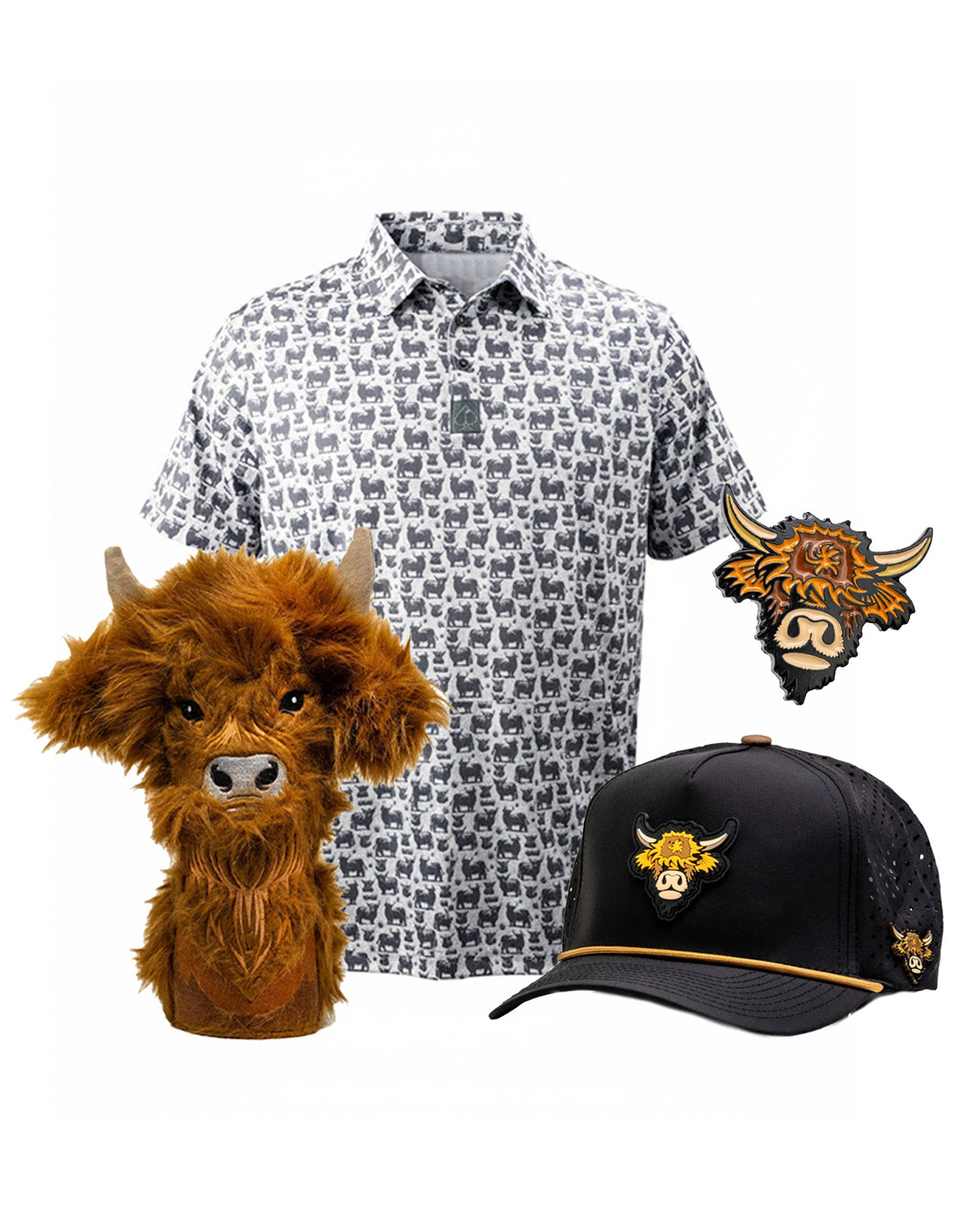 Highland Cow Collection Bundle featuring a patterned shirt, plush headcover, cap with logo, and embroidered patch for golfers.