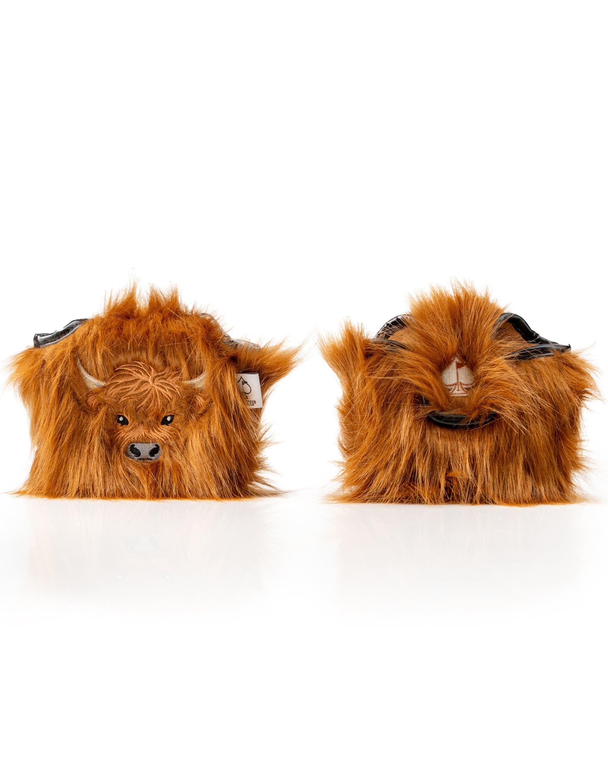 Highland cow mallet putter cover featuring realistic fur texture and detailed face design for unique golf style.