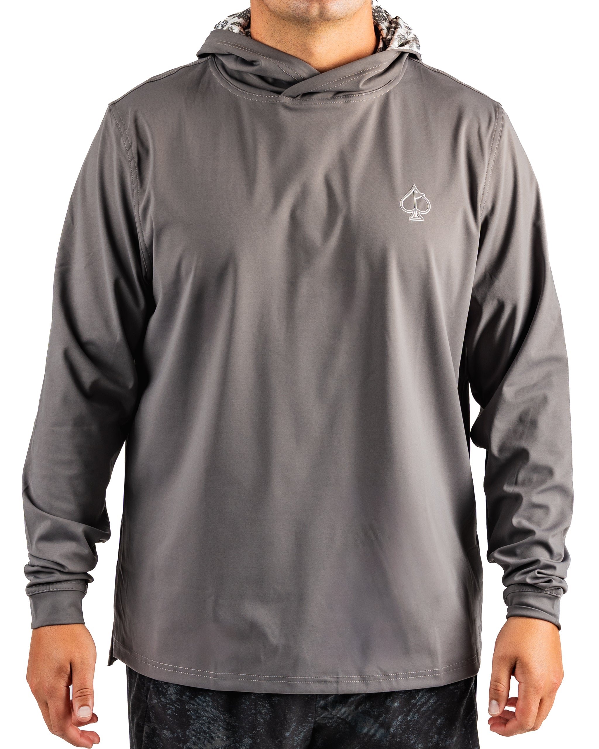 Men's performance golf hoodie in gray with a hood and a subtle logo, designed for comfort and style on the course.