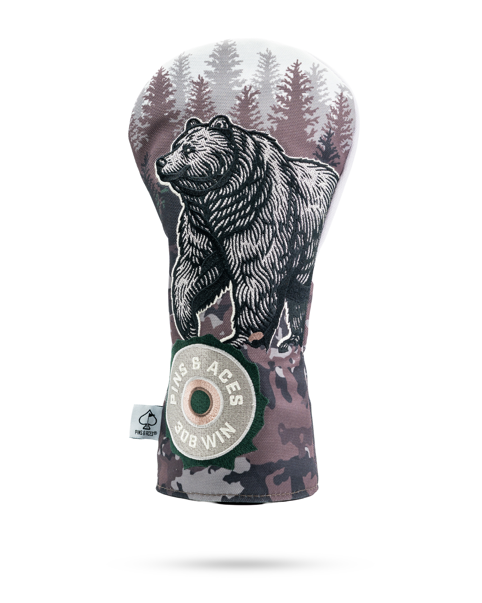 Bold bear-themed driver cover featuring a detailed bear design against a forest backdrop, perfect for standout golf style.