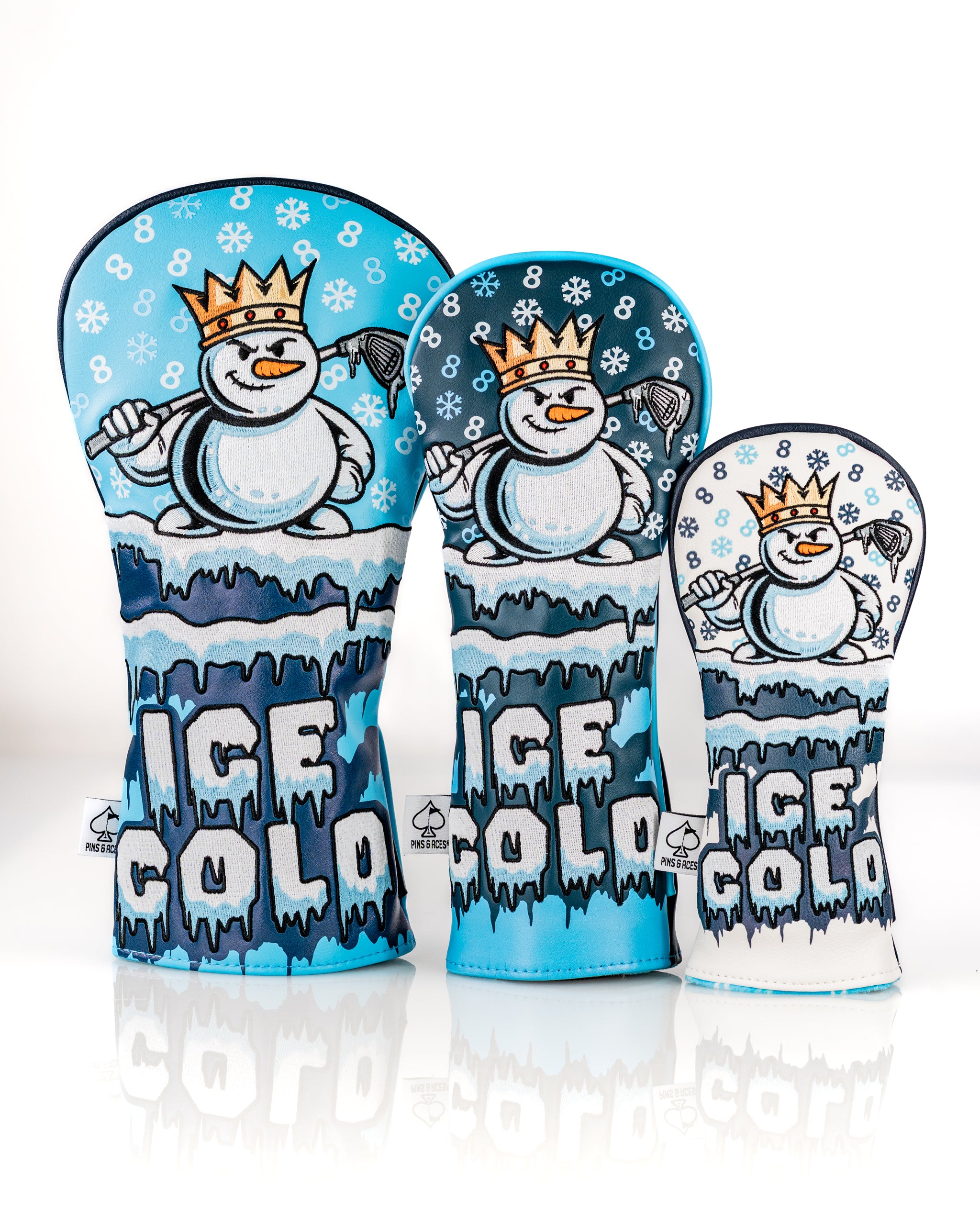 Snowman Ice Cold headcover set featuring a playful snowman design with a crown and icy blue colors, ideal for golfers.