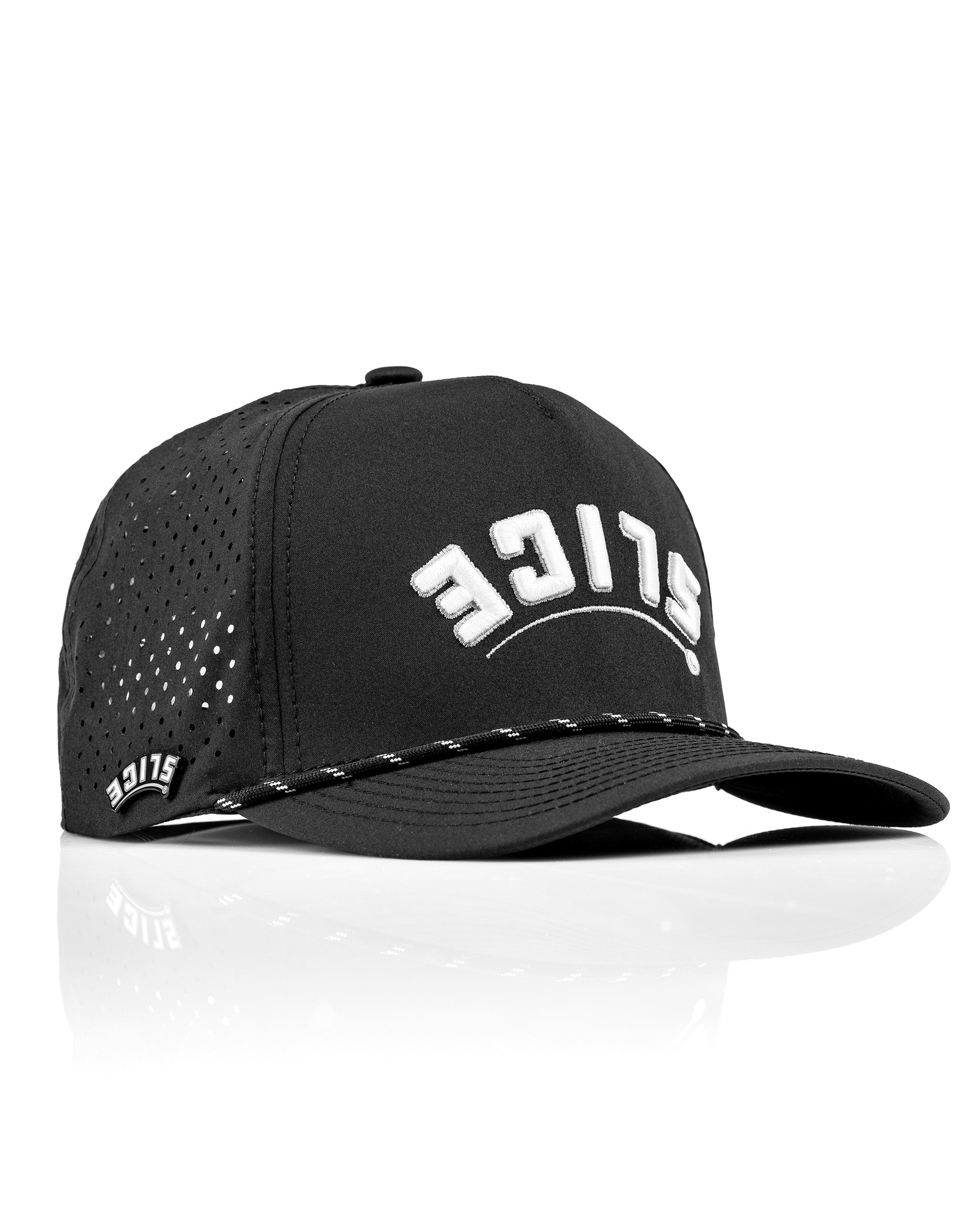 Black perforated rope hat featuring "SLICE" embroidered on the front, designed for bold golfers seeking style.