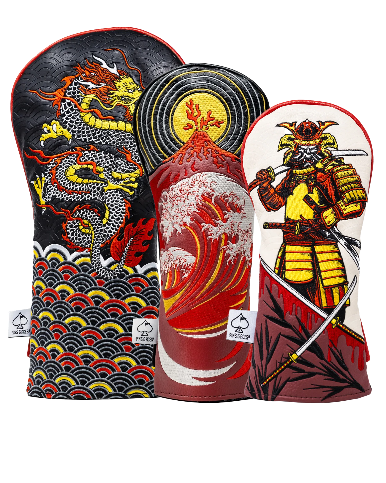 Bold Rising Sun Headcover Set featuring intricate designs of a dragon, waves, and a samurai, perfect for standout golf style.