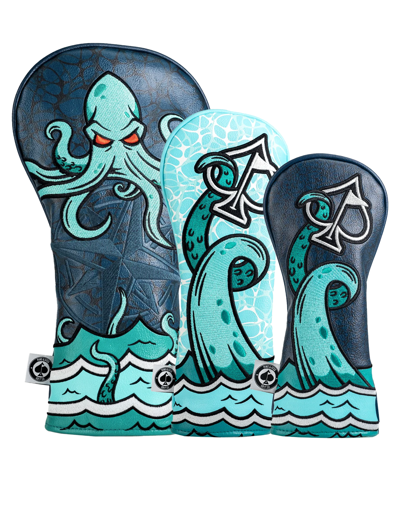 Bold Kraken headcover set featuring a vibrant octopus design with waves, perfect for golfers wanting to stand out.