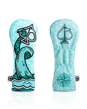Bold Kraken fairway cover featuring a vibrant octopus design and spade logo, perfect for stylish golfers.