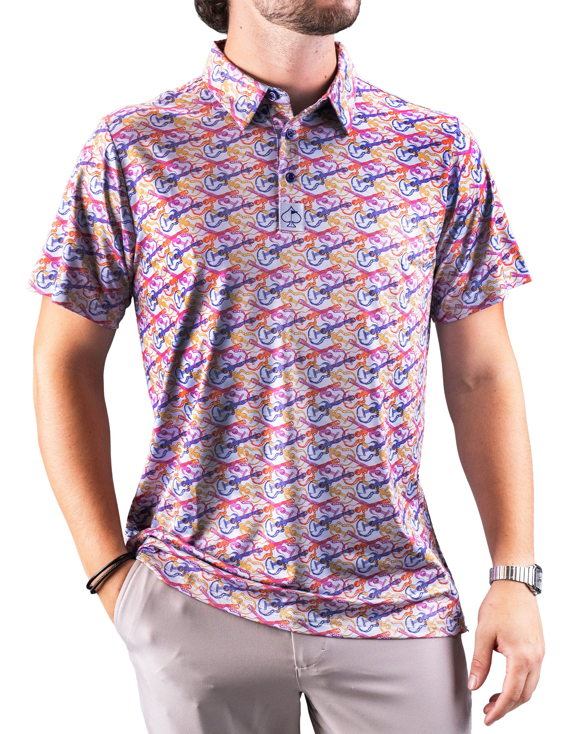 Bright, patterned golf polo with colorful guitar and chain print, pink, purple, orange, and blue hues, perfect for bold co...
