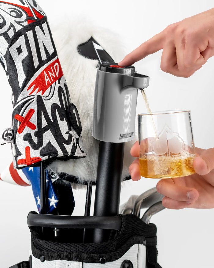 Golf bag with bold, graphic headcovers, and a portable drink dispenser for golfers who want to stand out on the course.