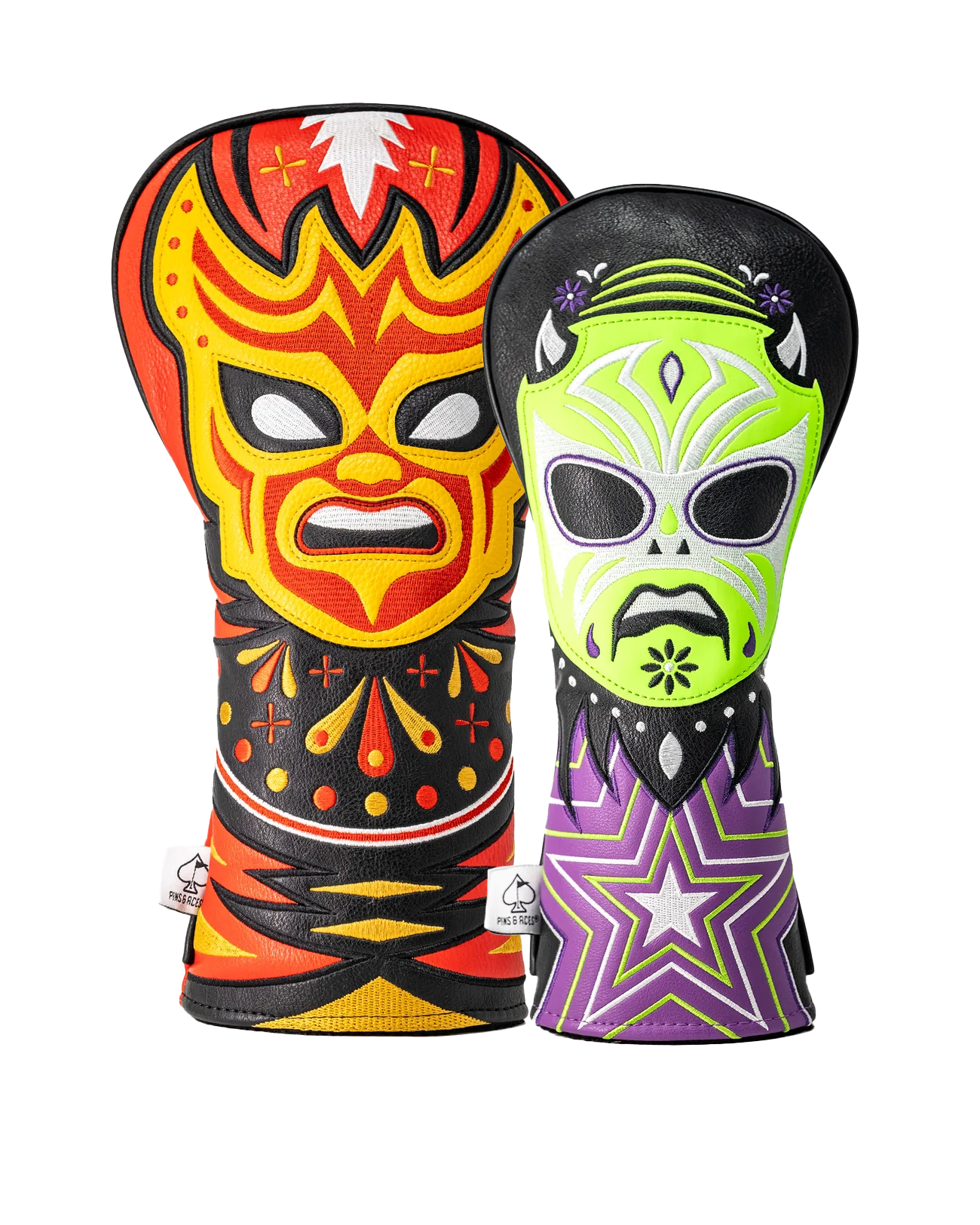 Bold Lucha Libre headcover combo featuring vibrant designs of two masked wrestlers in red, yellow, green, and purple.