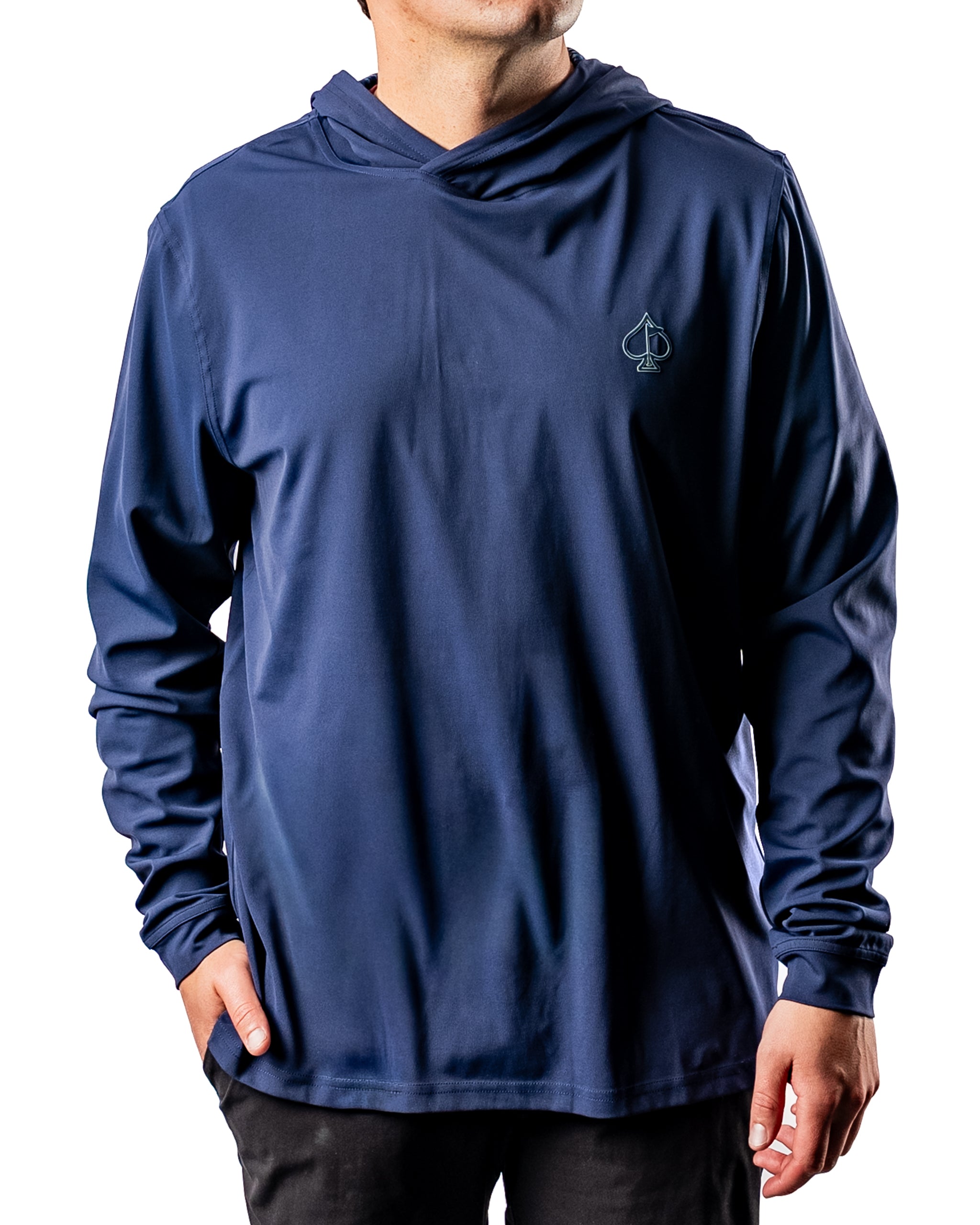 Men's performance golf hoodie in navy featuring a manta ray logo, designed for comfort and style on the course.