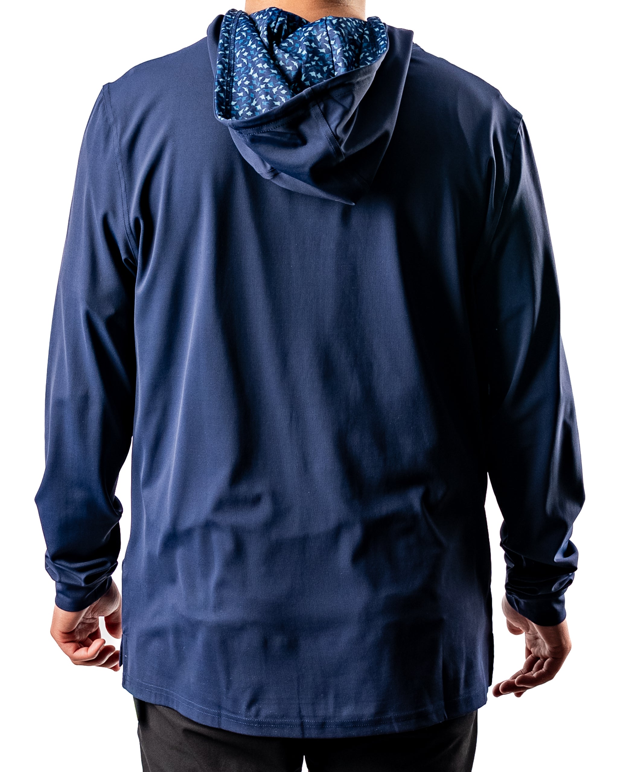 Men's performance golf hoodie in navy with a patterned hood, designed for comfort and style on the course.