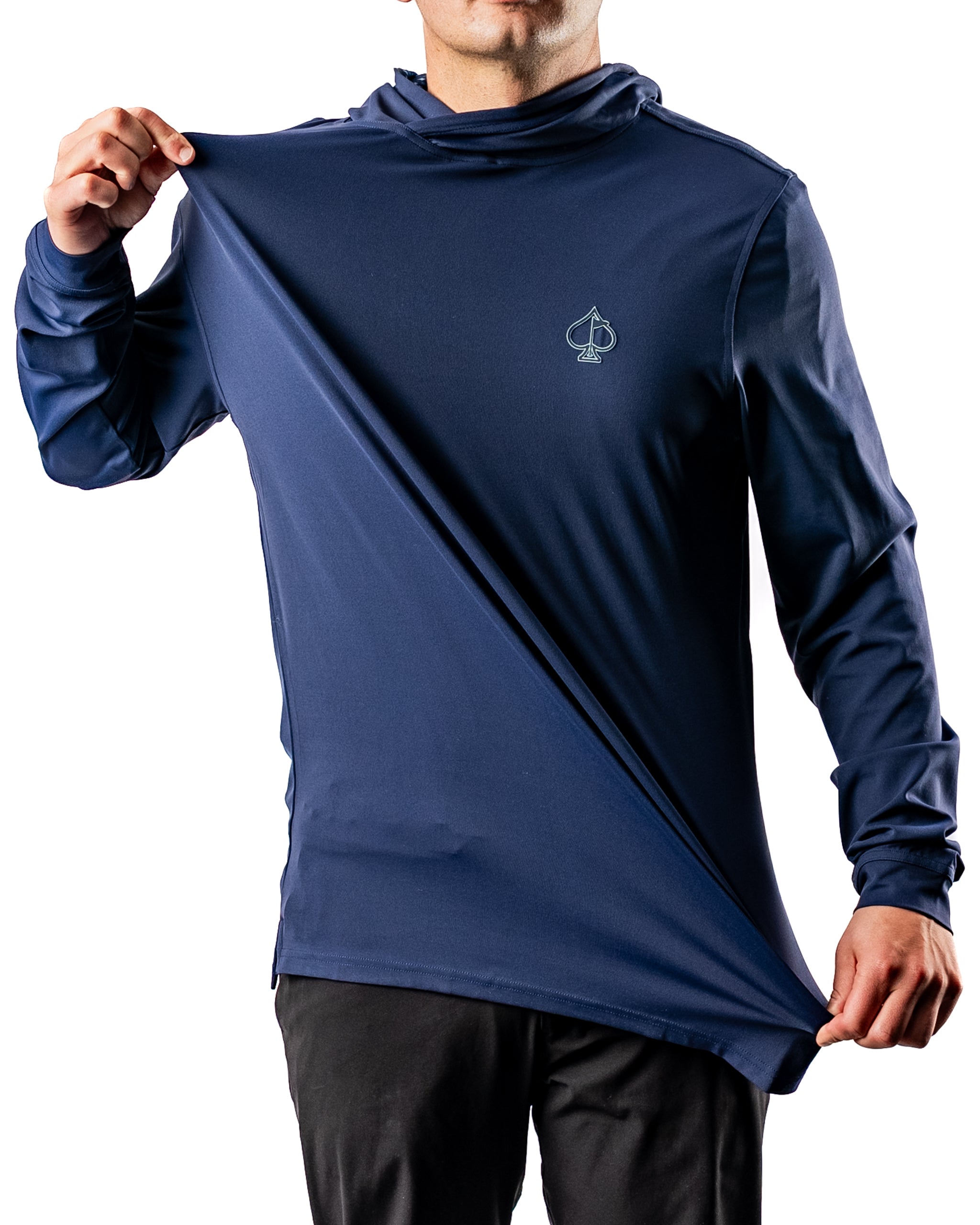 Men's performance golf hoodie in navy, featuring a sleek design and lightweight fabric for comfort on the course.