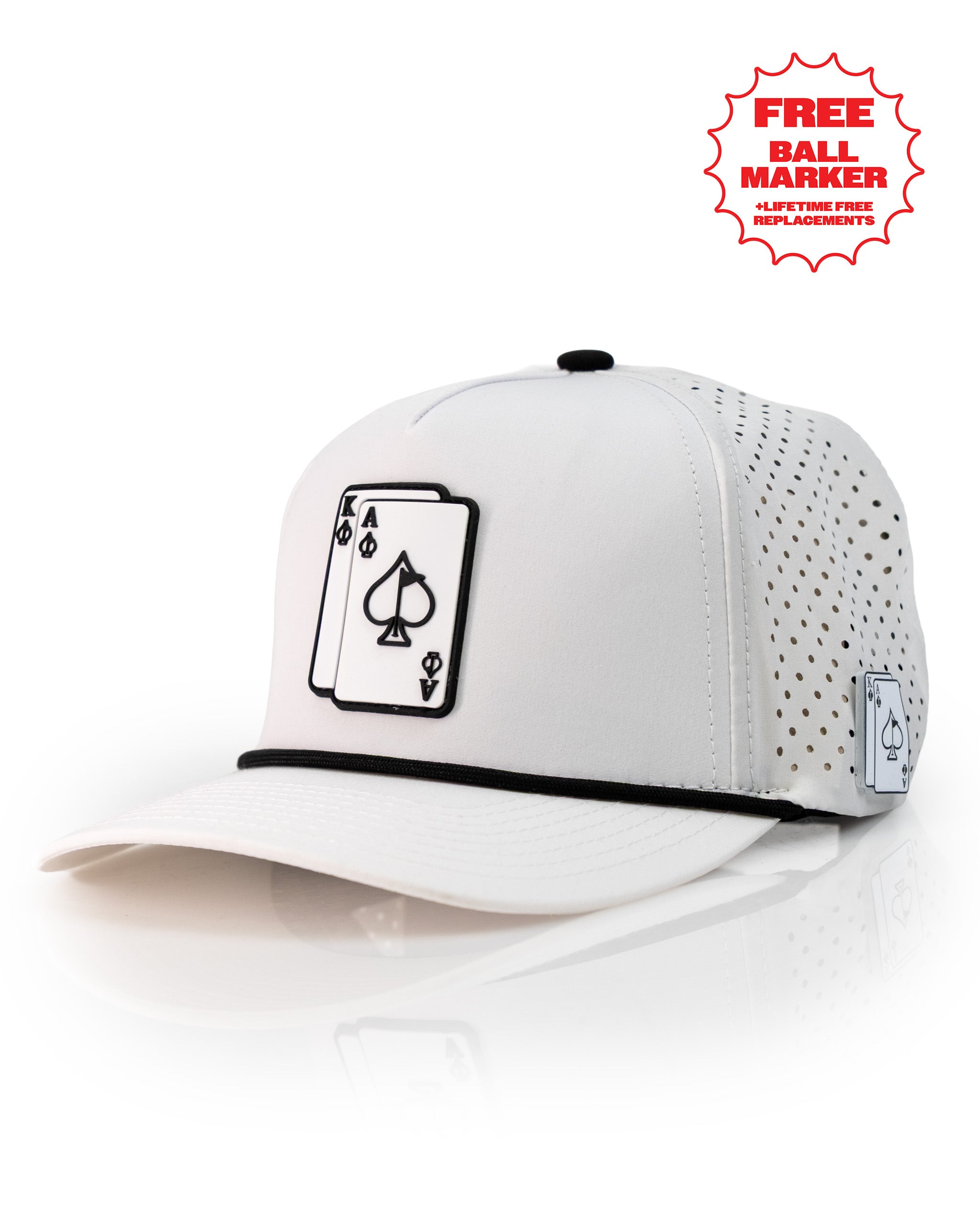 White perforated rope hat featuring an Ace and King card design, perfect for stylish golfers. Includes a free ball marker.