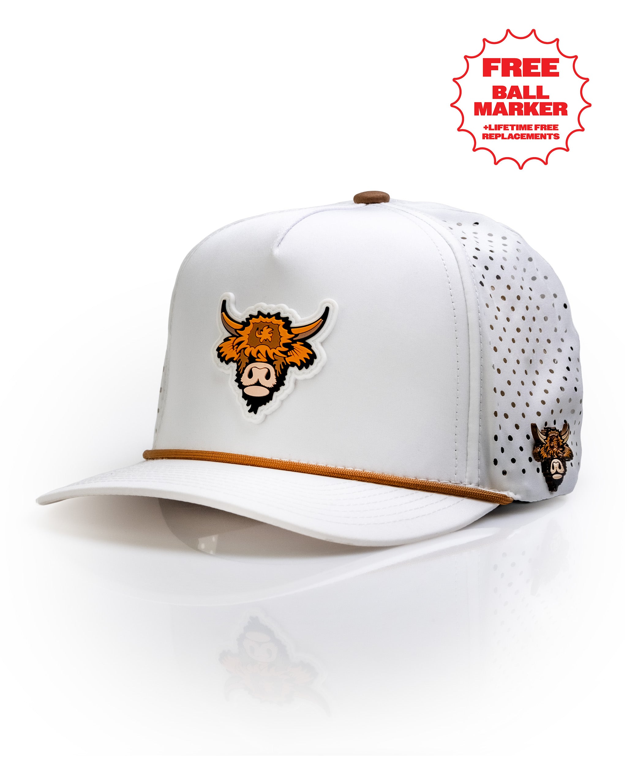 Highland Cow White perforated rope hat featuring a bold cow logo and a free ball marker offer for golfers.