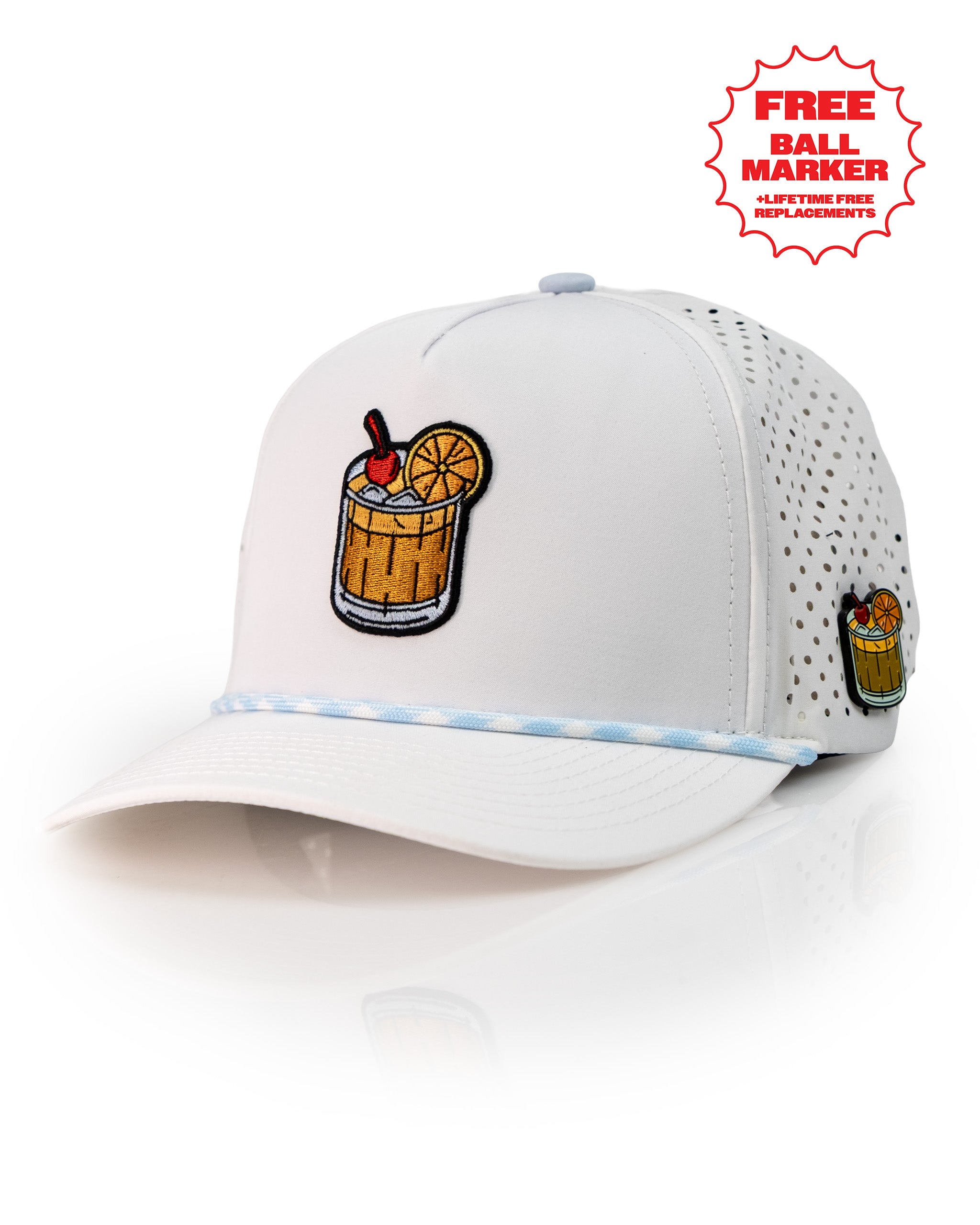 Stylish white perforated rope hat featuring an embroidered Old Fashioned cocktail design and a light blue accent.