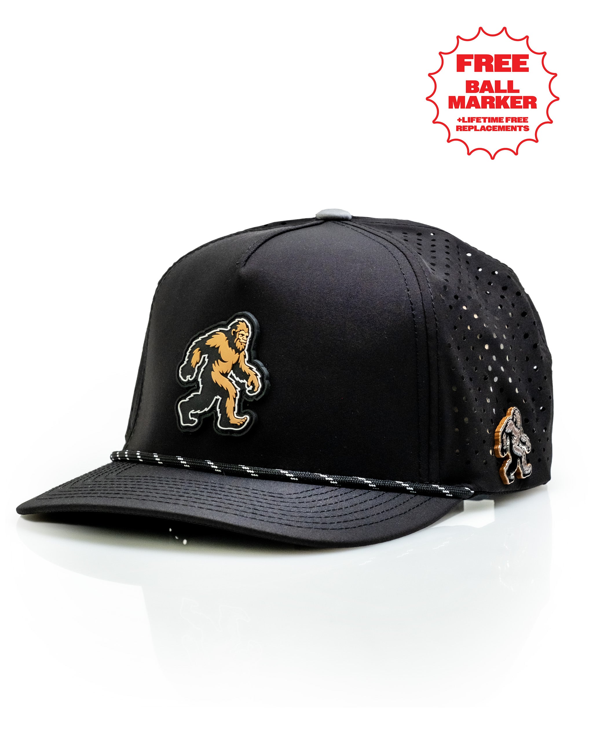 Sasquatch Black perforated rope hat featuring a bold Sasquatch logo and stylish design for standout golf fashion.