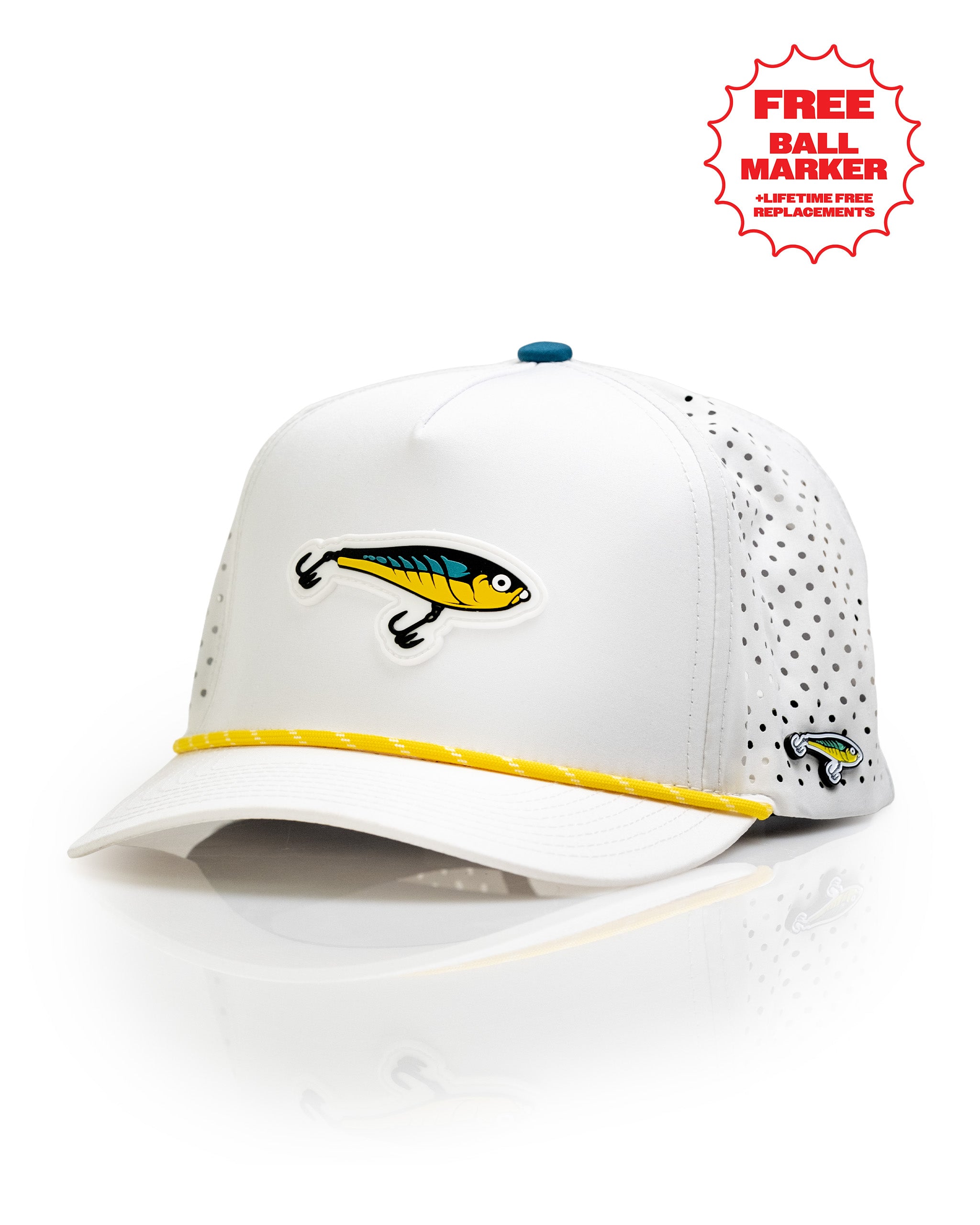 White perforated rope hat featuring a fishing lure design, ideal for anglers seeking stylish outdoor apparel.